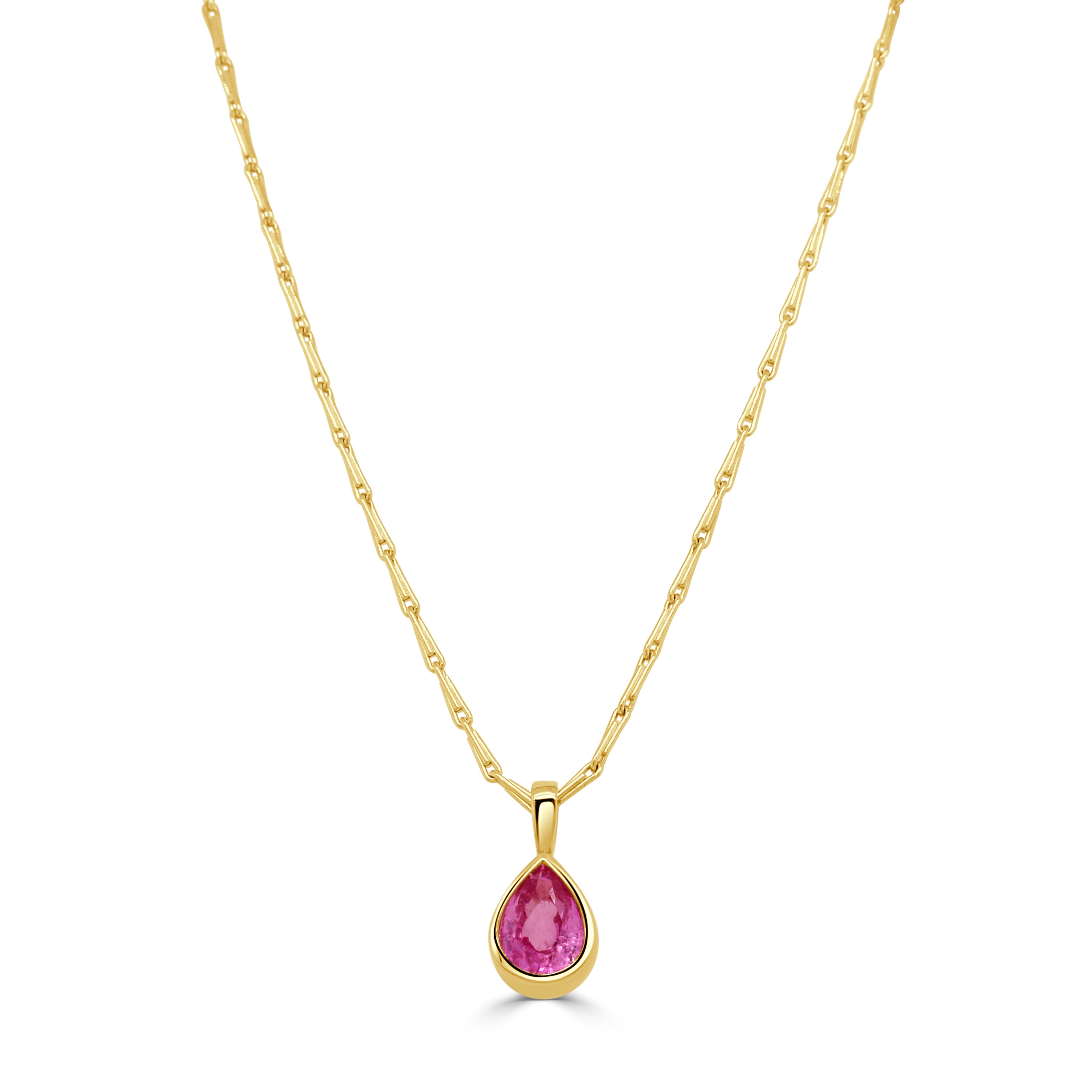 14K Gold Pink Sapphire Pear Shape Bezel Pendant Necklace - 1.47 CT