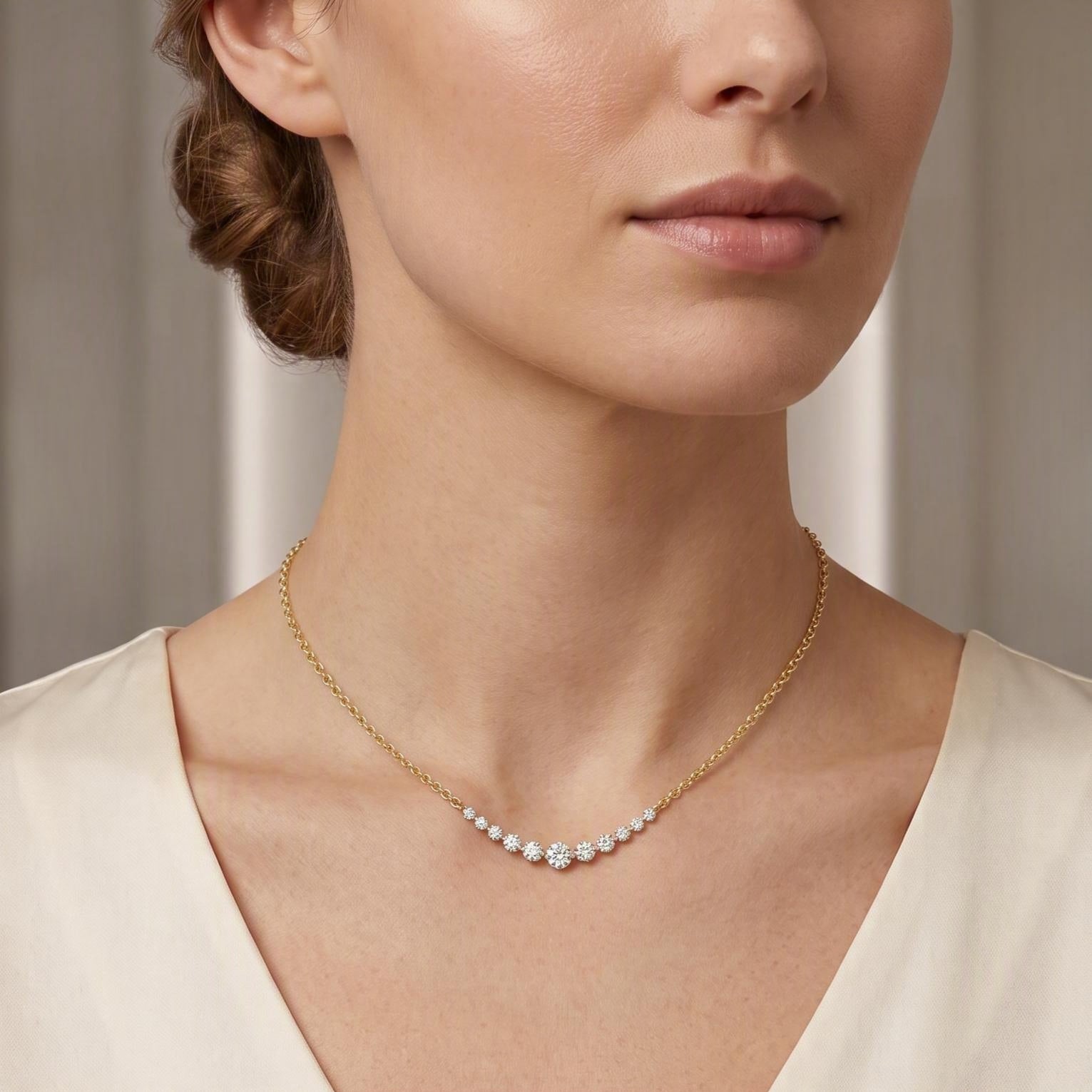 14K Gold Graduate Diamond Curve Bar Necklace - 0.95 CT