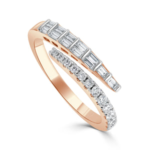 14K Gold Diamond Cross Over Diamond Baguette Ring