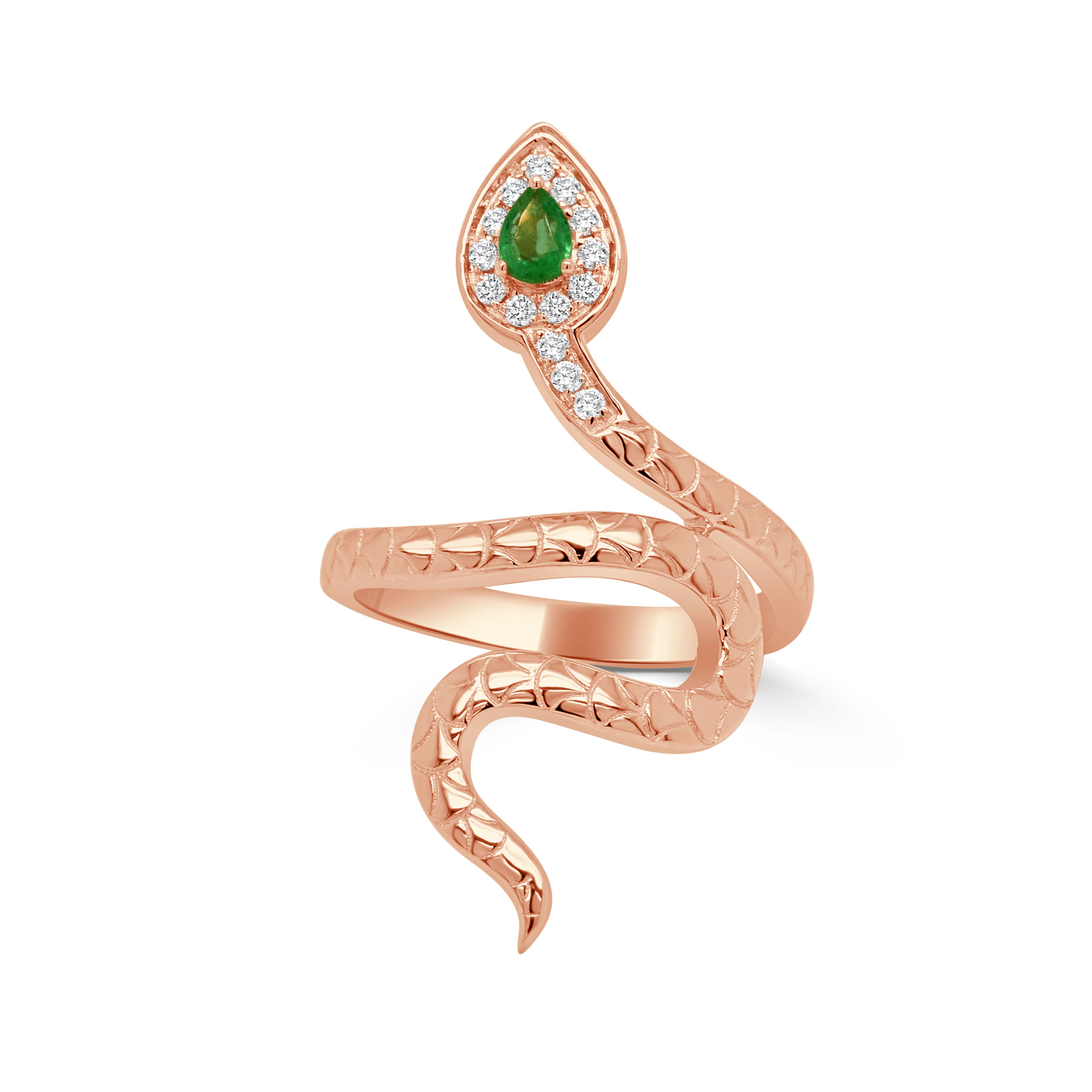 14K Gold Snake Emerald & Diamond Ring - 0.13ct
