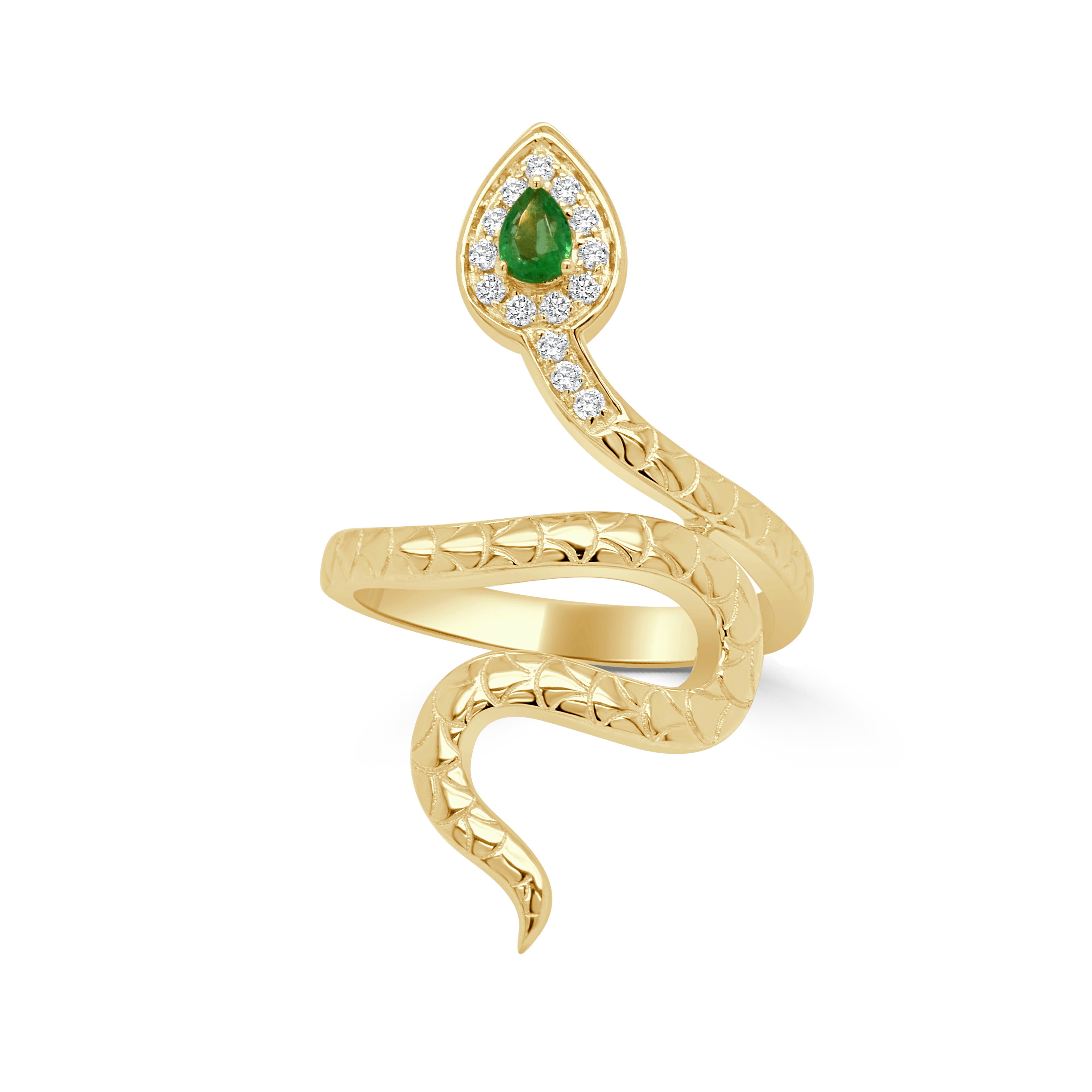14K Gold Snake Emerald & Diamond Ring - 0.13ct