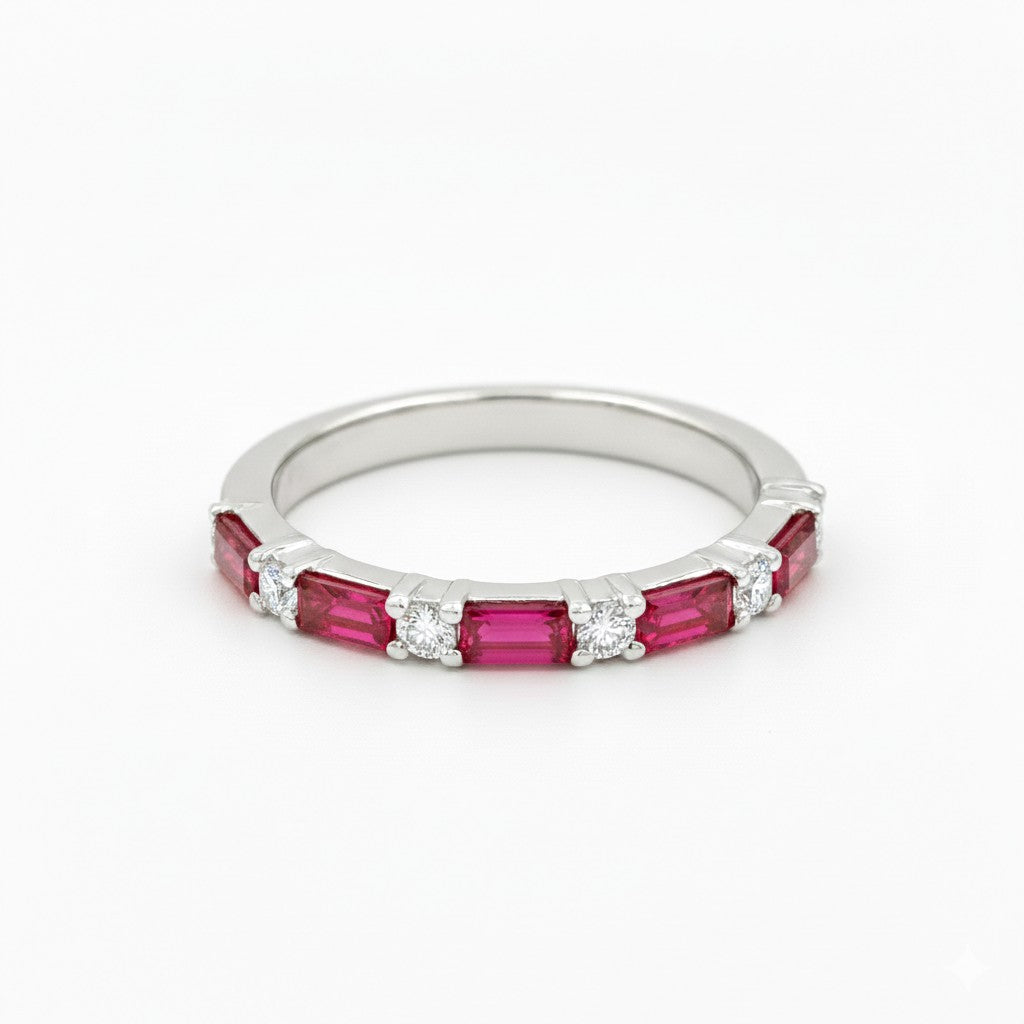 18K Gold Diamond Ruby Baguette Ring- 0.52 CT
