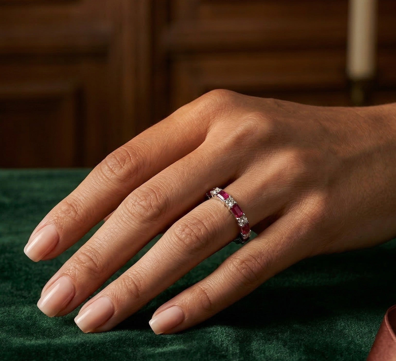 18K Gold Diamond Ruby Baguette Ring- 0.52 CT