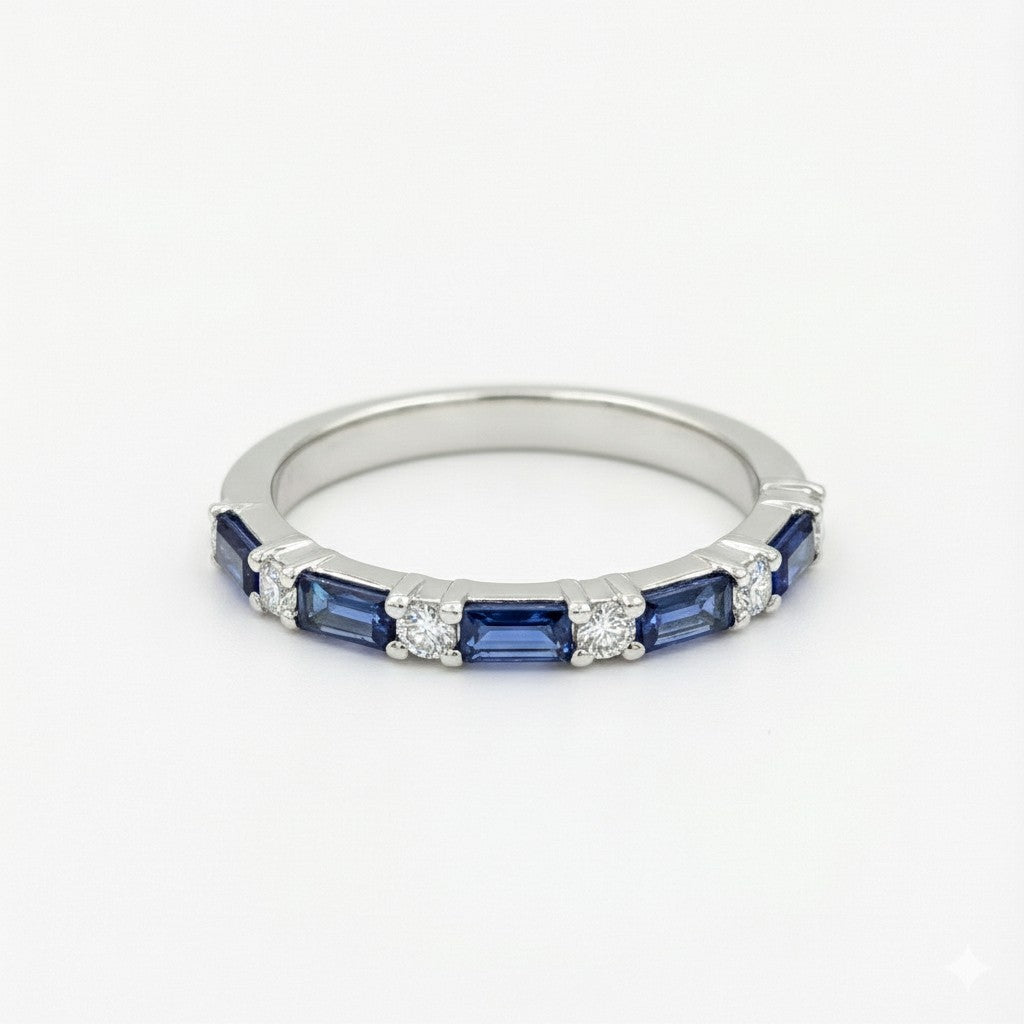 18K Gold Diamond Sapphire Baguette Ring - 0.52 CT
