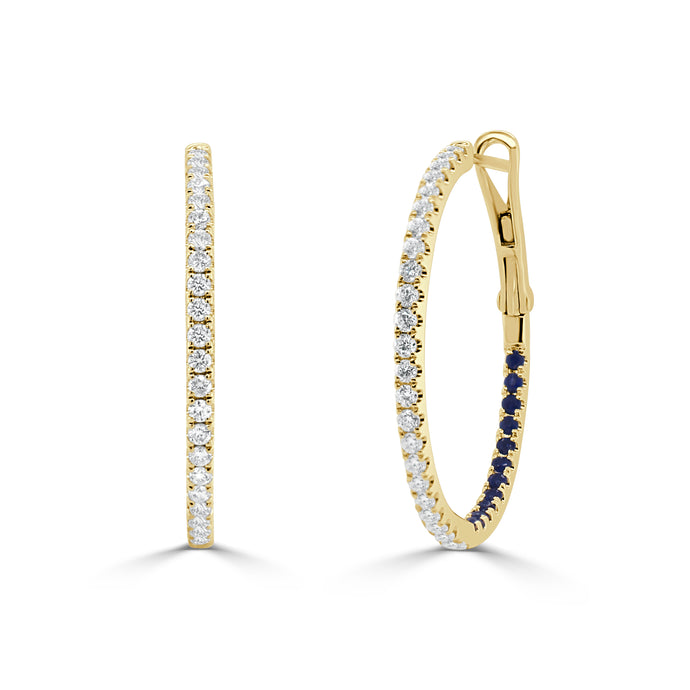 14K Gold Diamond on the Outside & Sapphire on the Inside Hoops