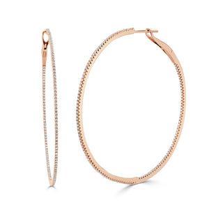 14k Gold & Diamond Skinny Hoop Earrings- 2"