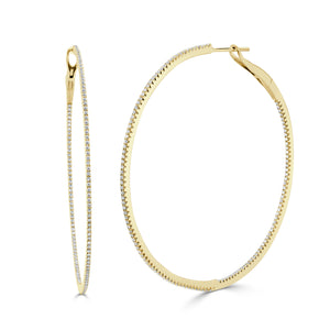 14k Gold & Diamond Skinny Hoop Earrings- 2"