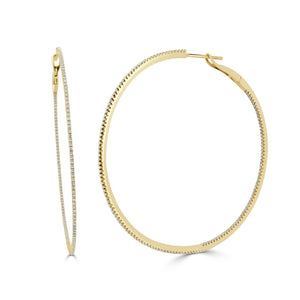 14k Gold & Diamond Skinny Hoop Earrings 2.25"