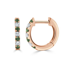 Load image into Gallery viewer, 14K Gold Emerald &amp; Diamond Alternating Huggie Earrings