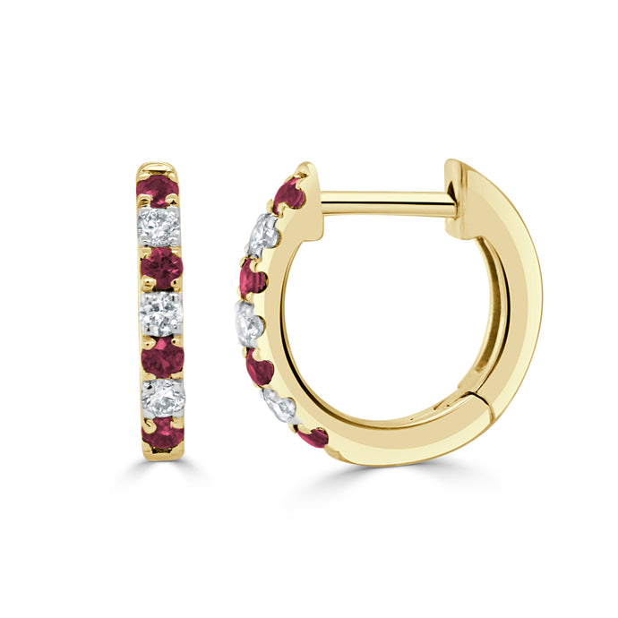 14K Gold Ruby & Diamond Alternating Huggie Earrings