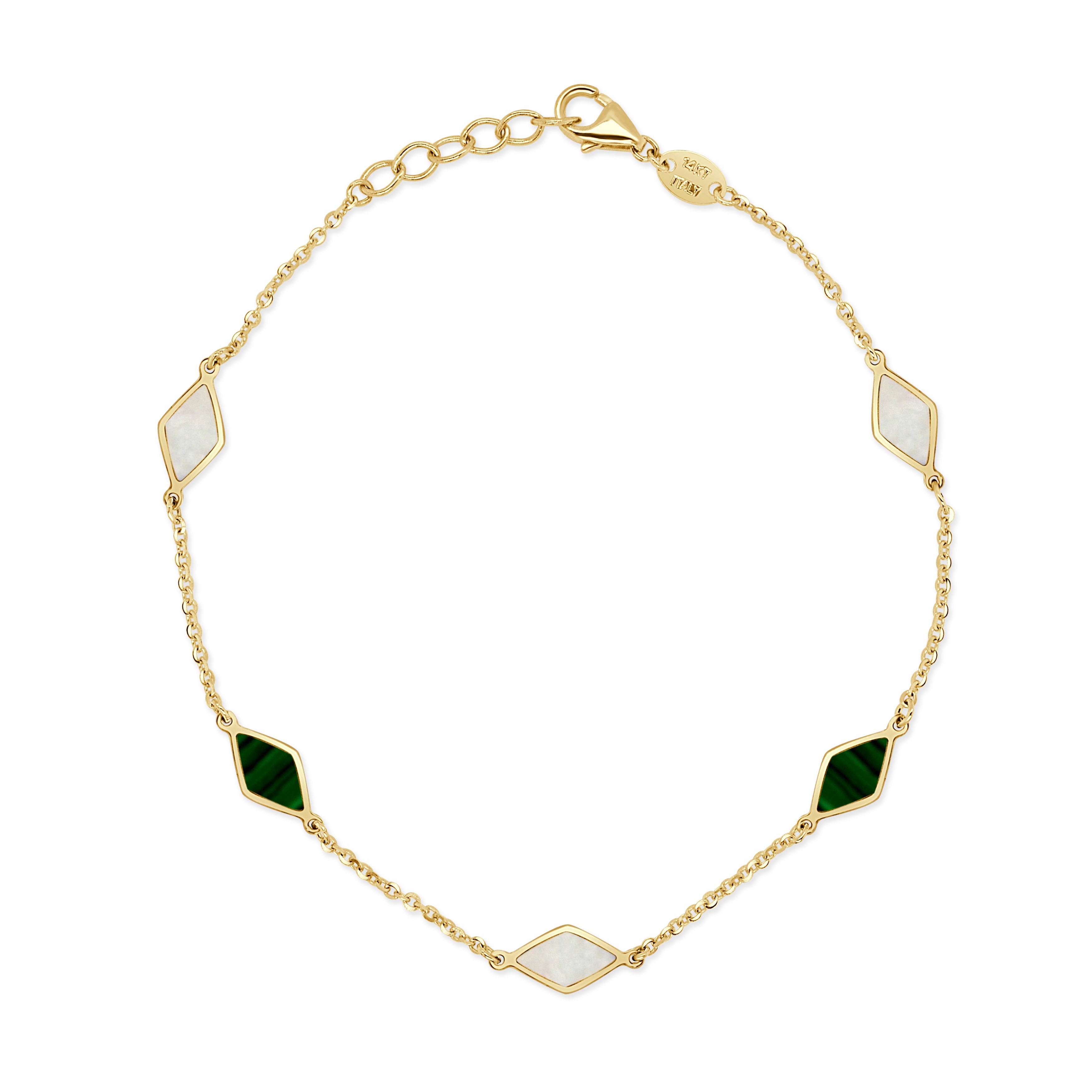 14K Gold 5 Station Mother of Pearl & Malachite Bracelet