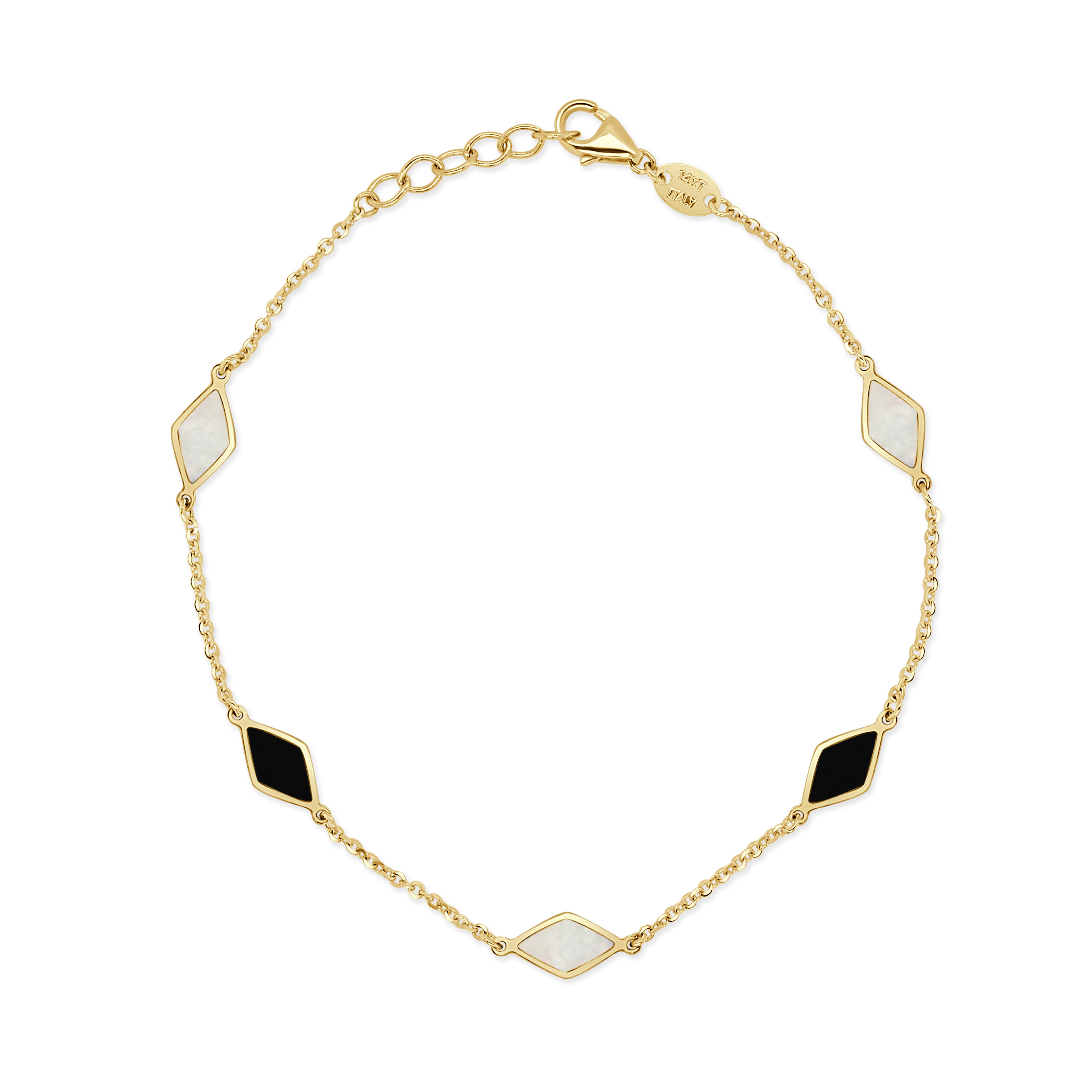 14K Gold 5 Station Mother of Pearl & Onyx Bracelet