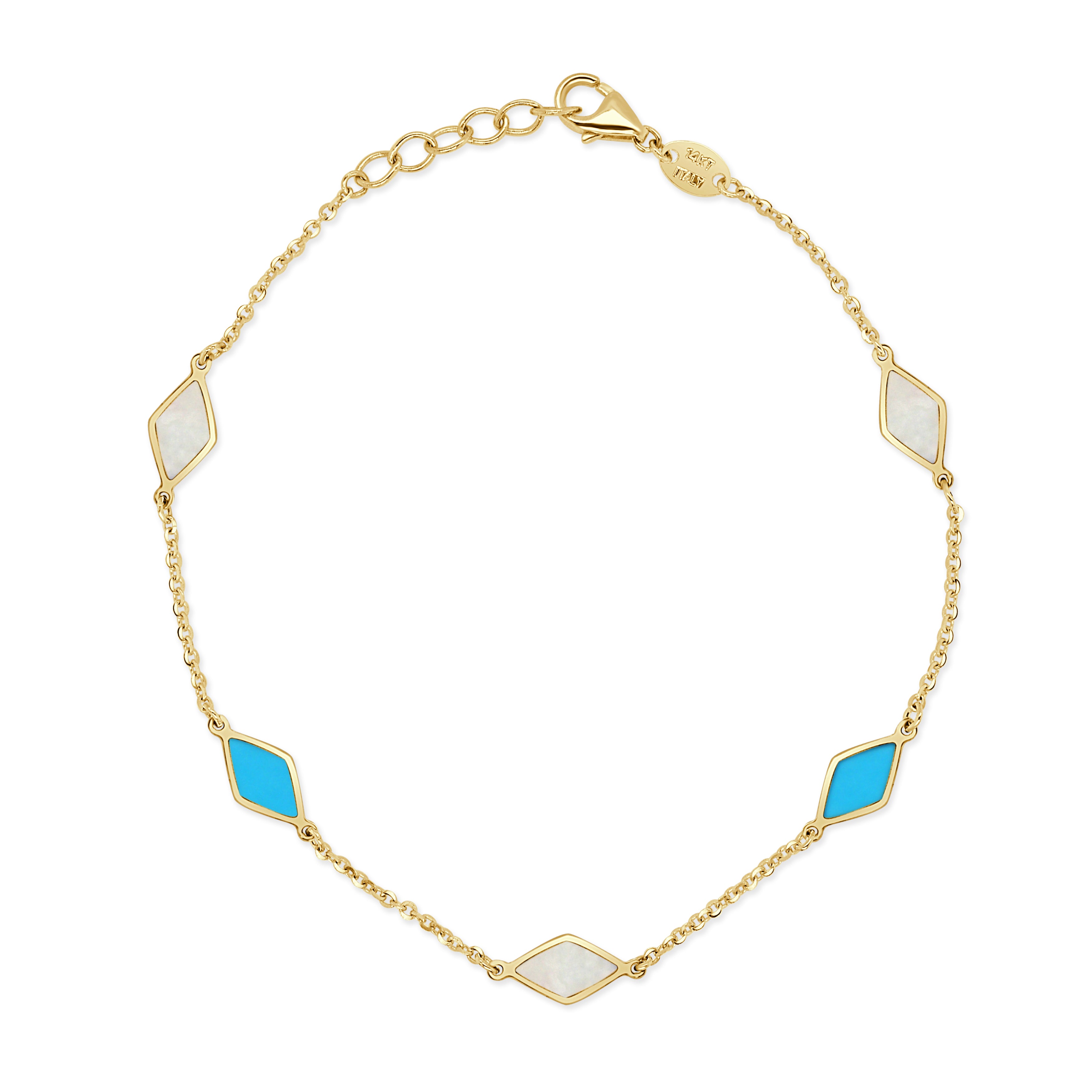 14K Gold 5 Station Mother of Pearl & Turquoise Bracelet