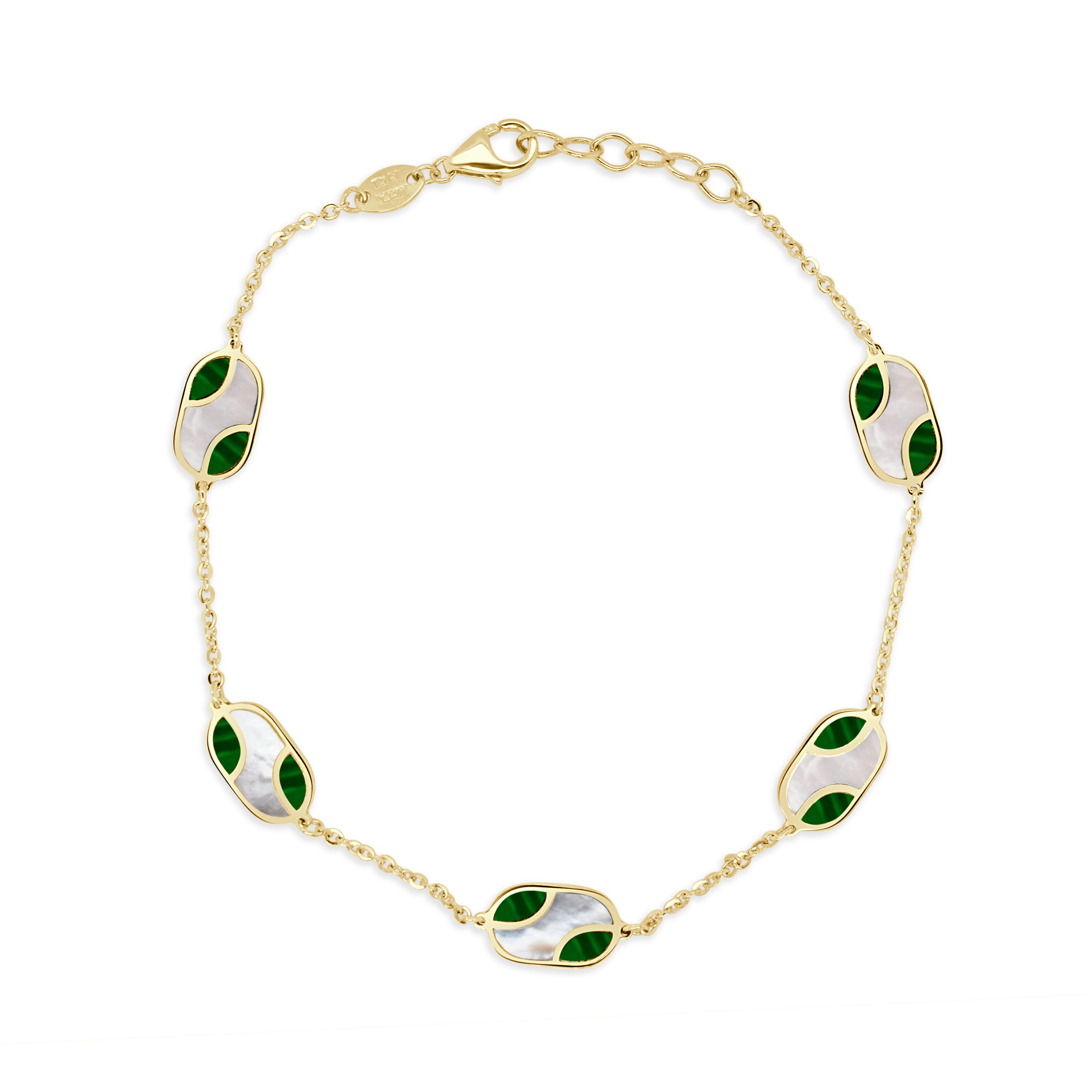 14K Gold Mother of Pearl & Malachite Bracelet