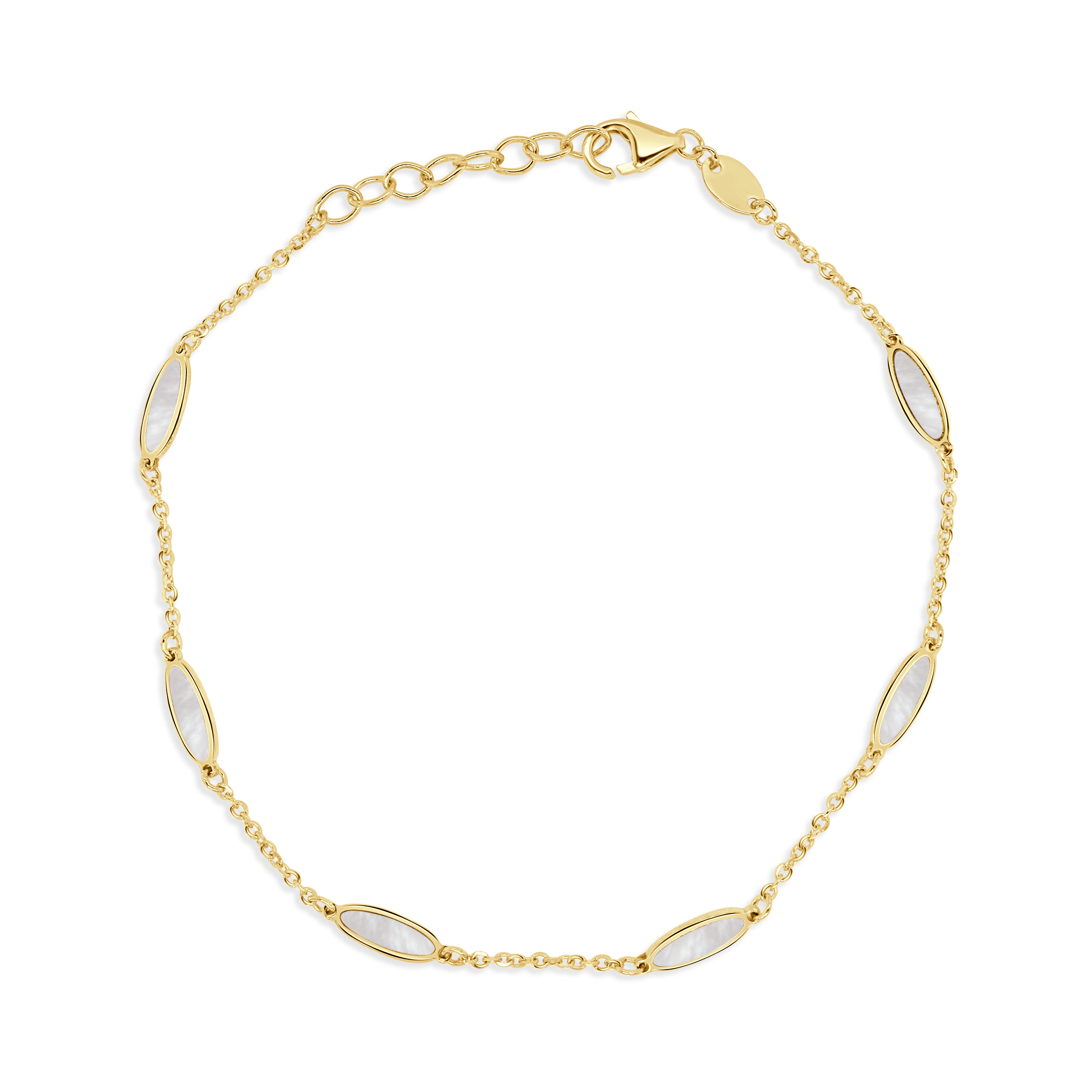 14K Gold Oval Link Inlay Bar Bracelet in Mother of Pearl