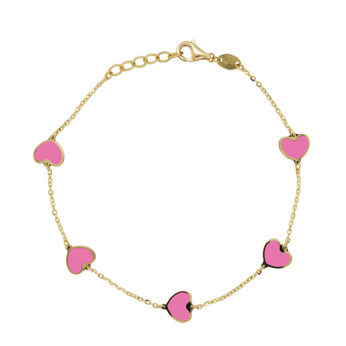 14K Gold Pink Agate Station Heart Bracelet