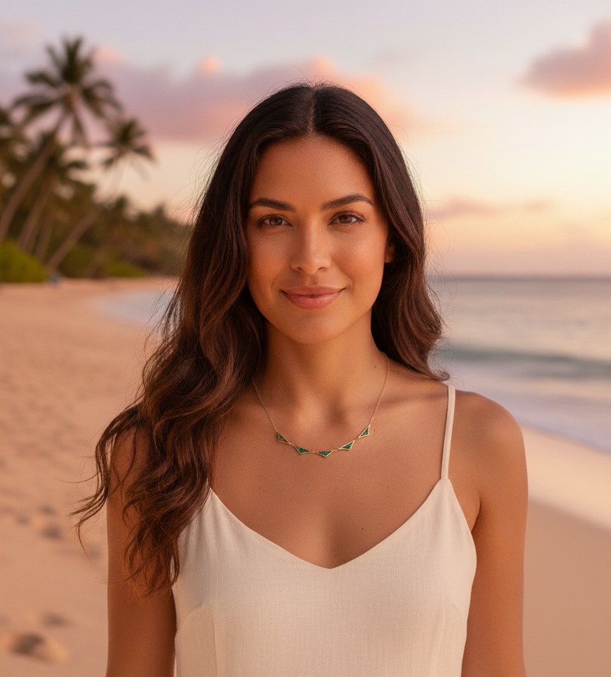 14K Gold 5 Station Malachite Triangle Necklace