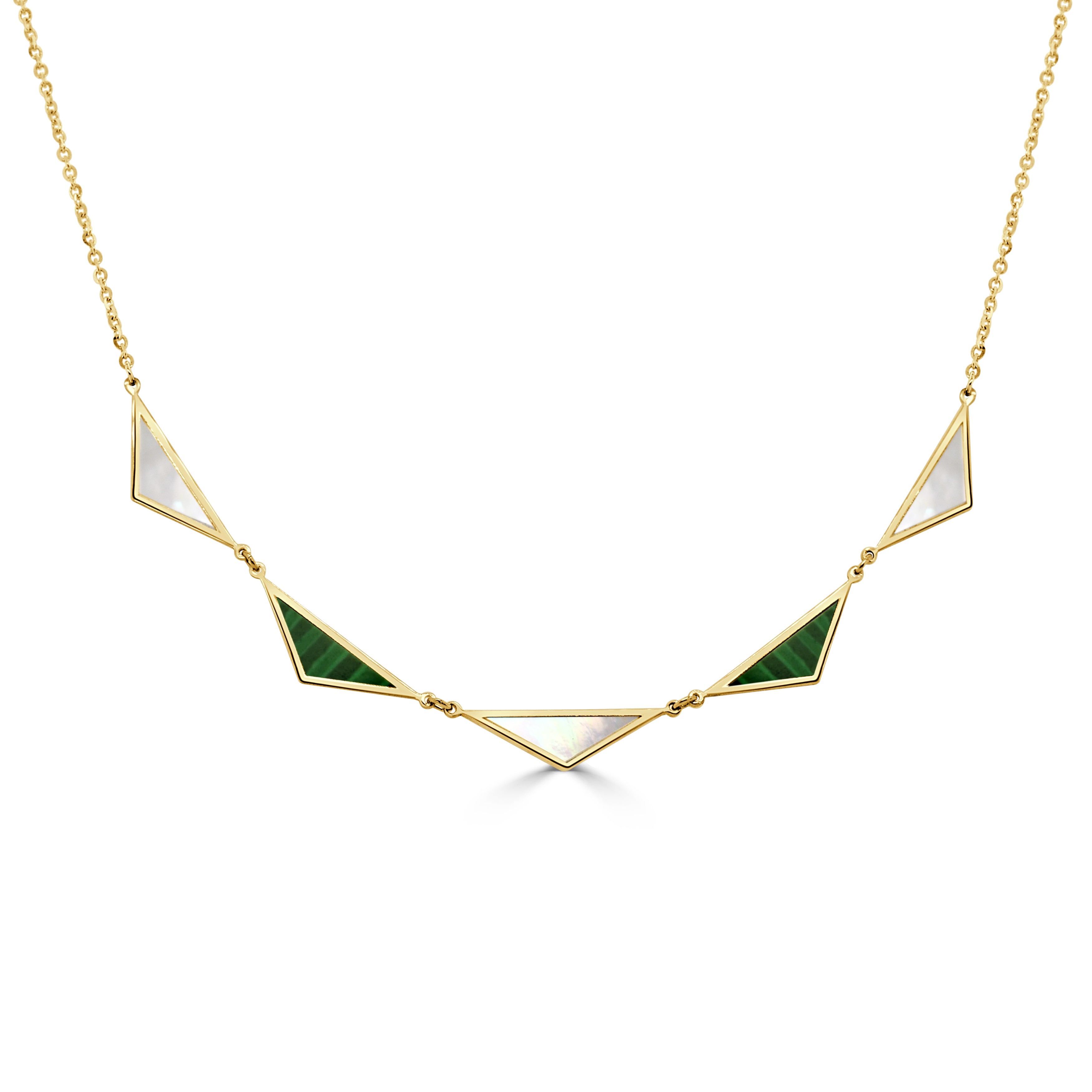 14K Gold 5 Station Malachite & Mother of Pearl Triangle Necklace