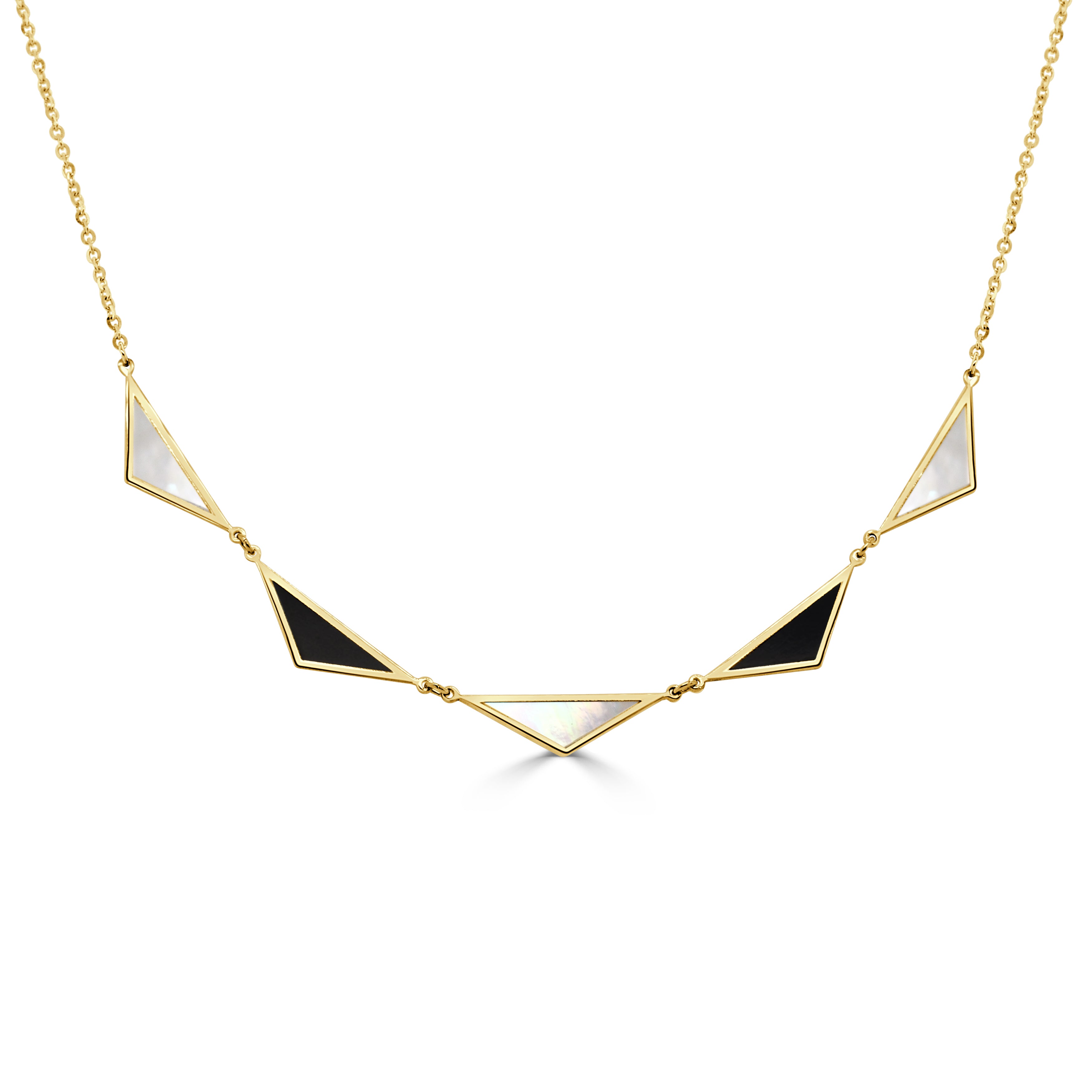 14K Gold 5 Station Onyx & Mother of Pearl Triangle Necklace