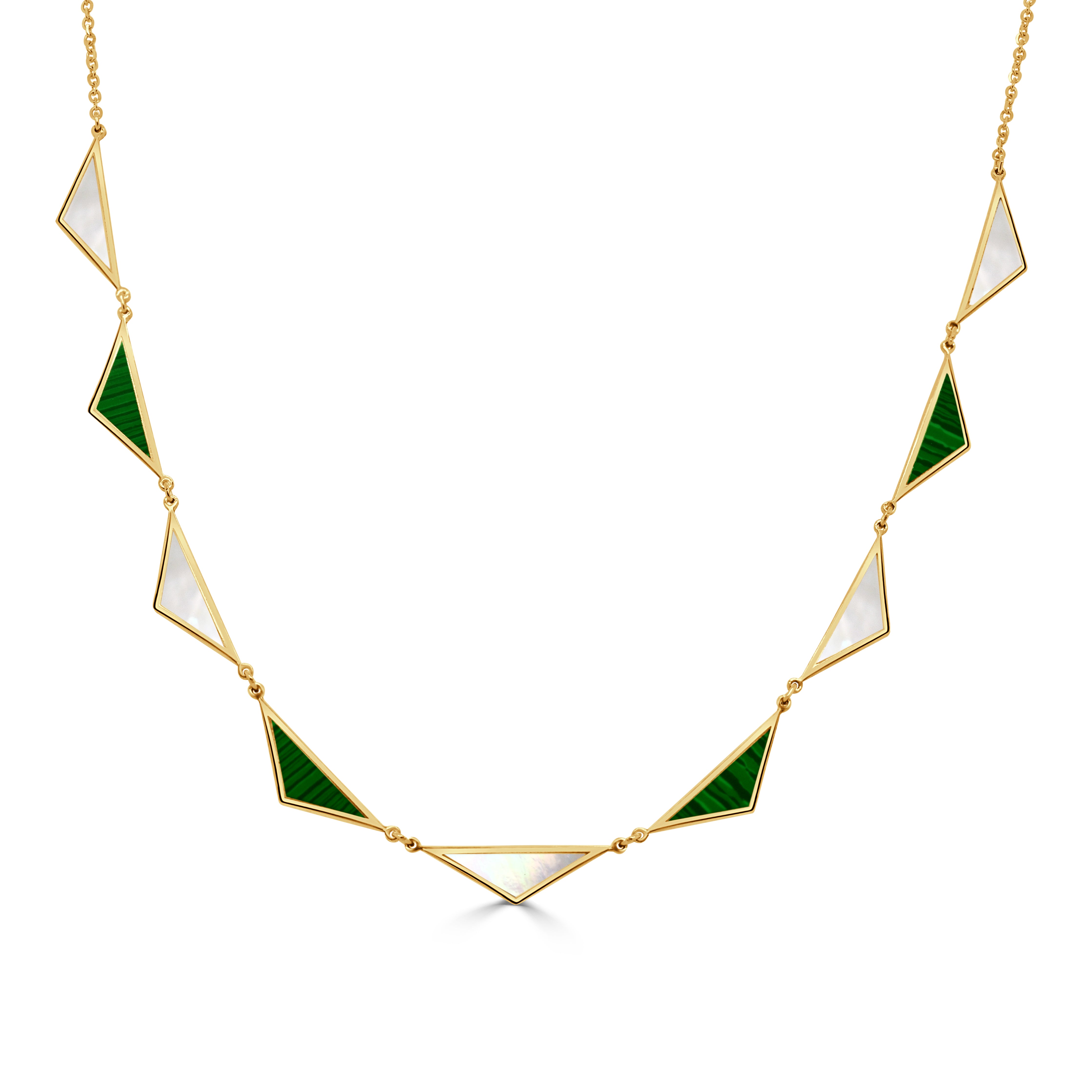14K Gold 9 Station Triangle Necklace in Mother of Pearl & Malachite