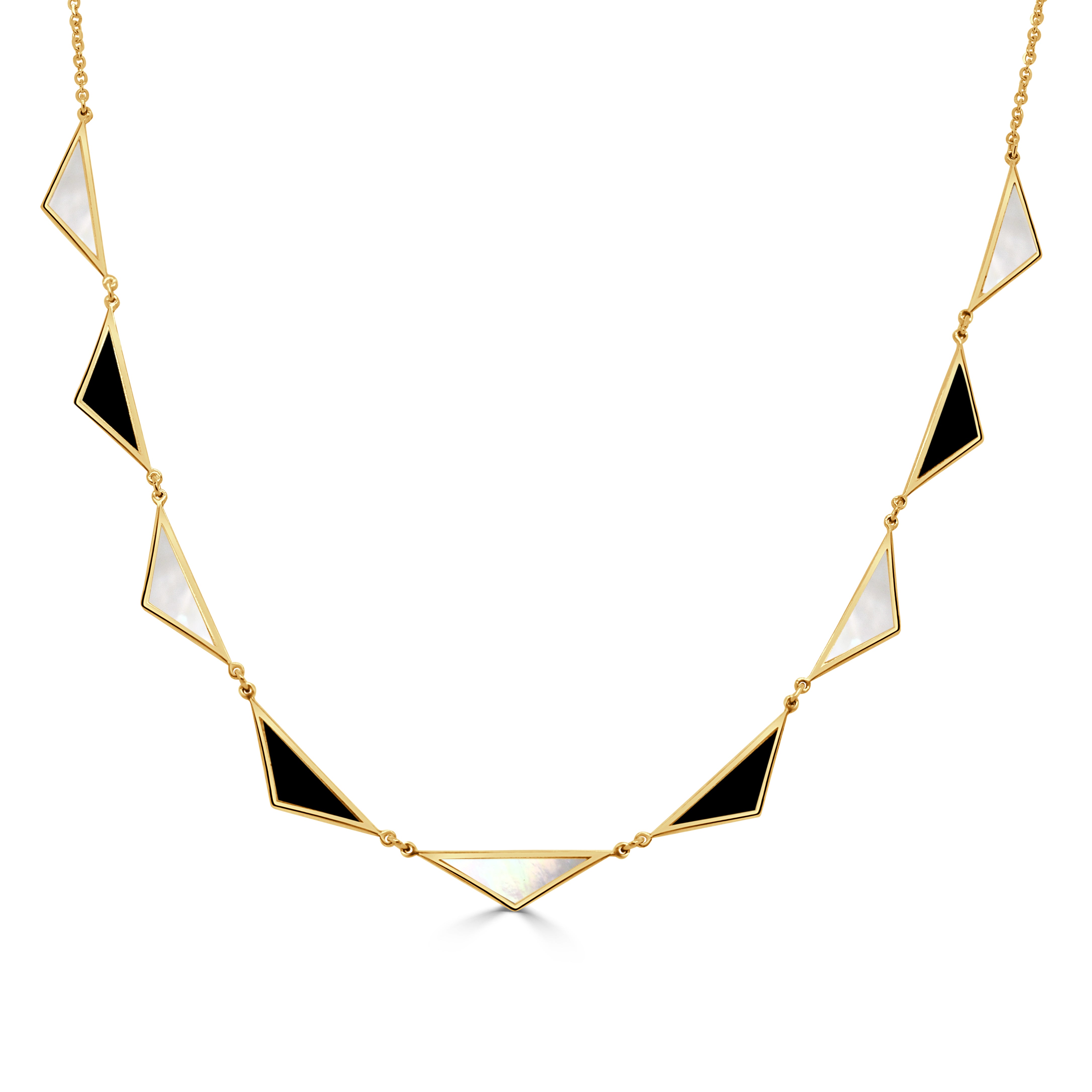14K Gold 9 Station Triangle Necklace in Mother of Pearl & Onyx