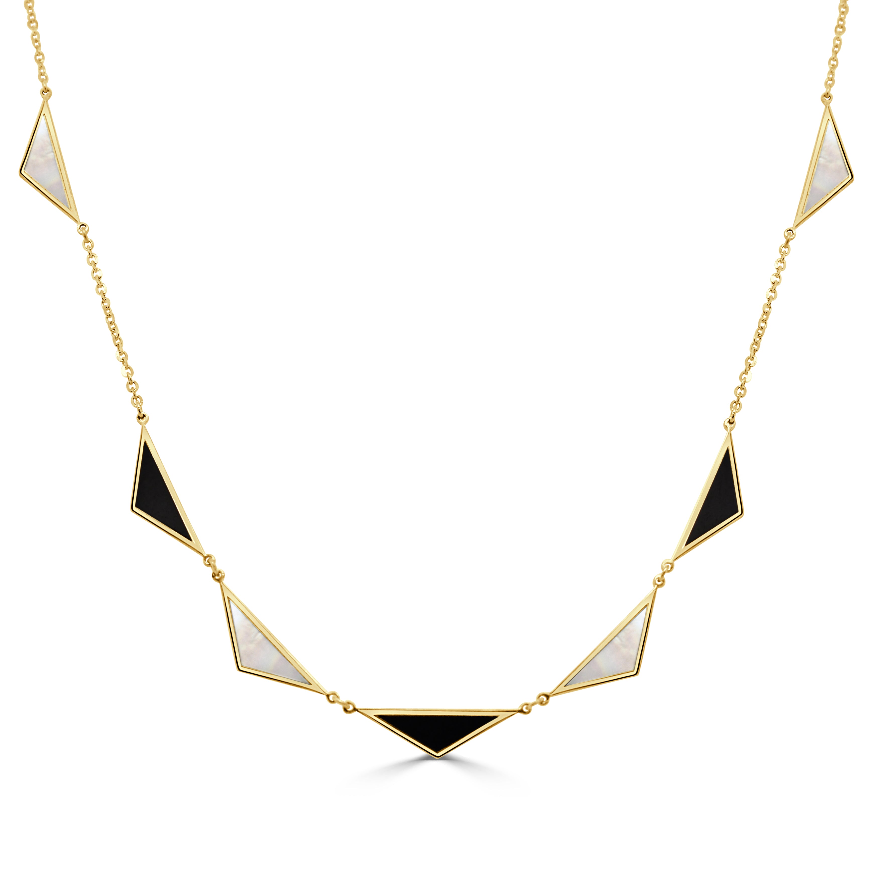 14K Gold 7 Station Onyx & Mother of Pearl Triangle Necklace