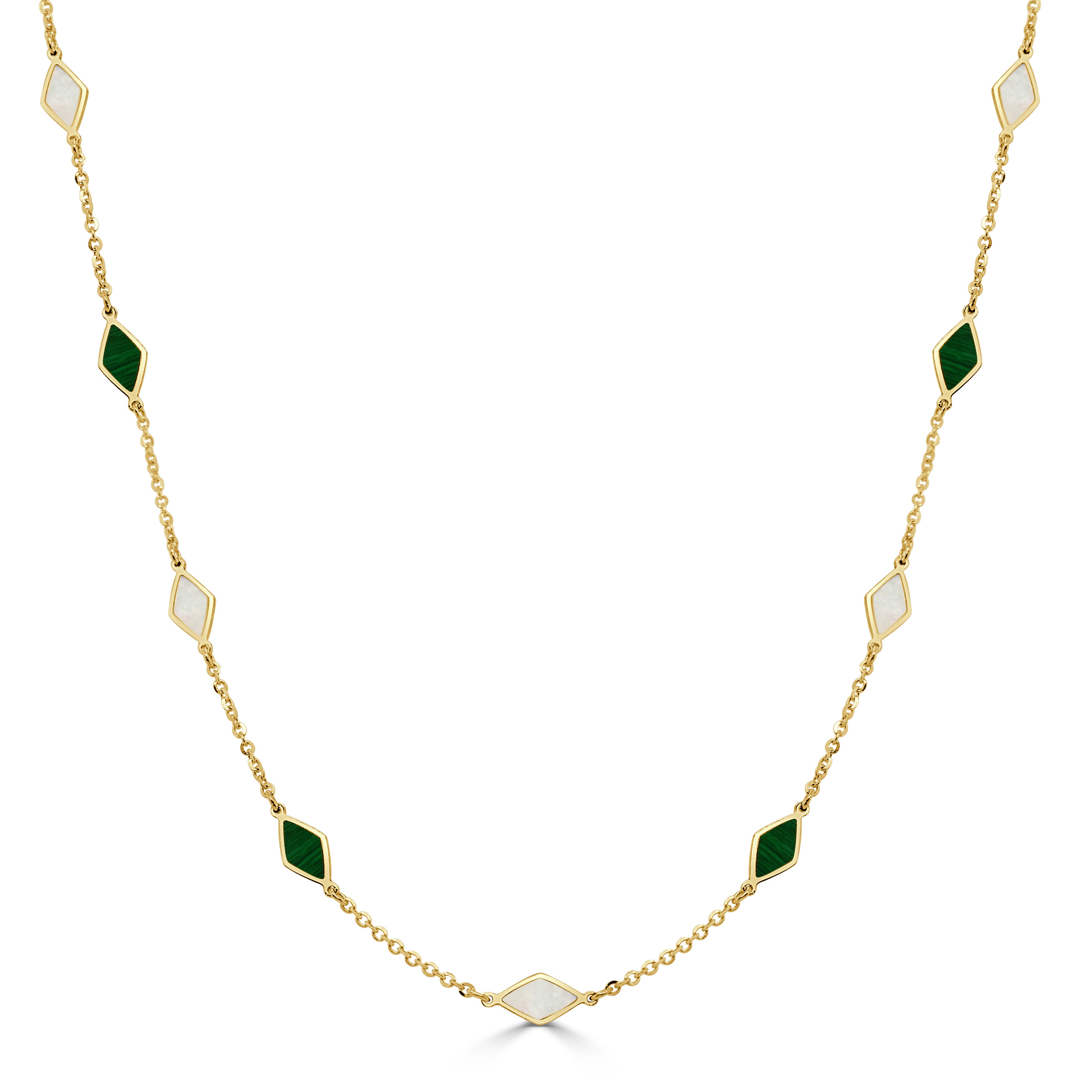 14K Gold 9 Station Mother of Pearl & Malachite Necklace