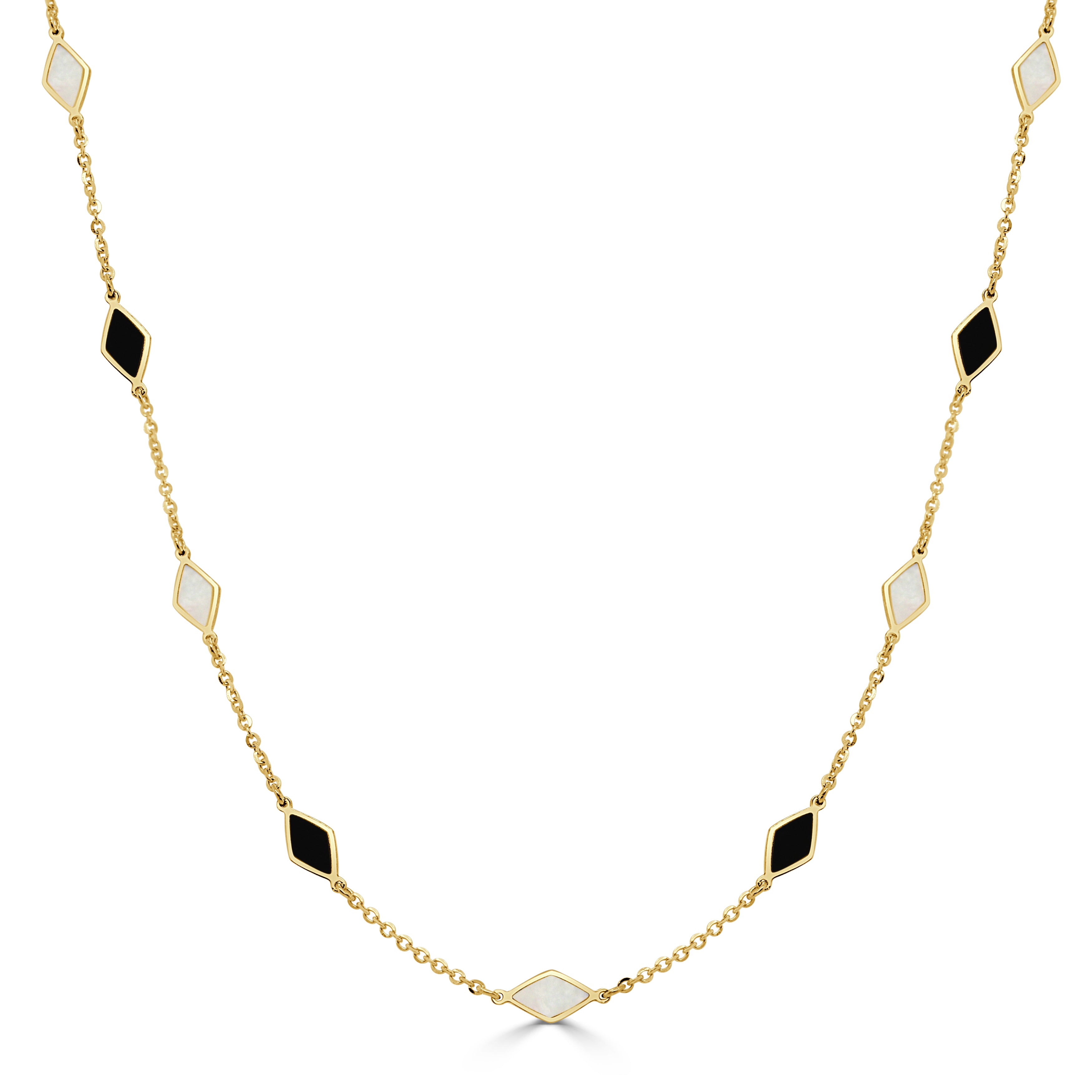 14K Gold 9 Station Mother of Pearl & Onyx Necklace