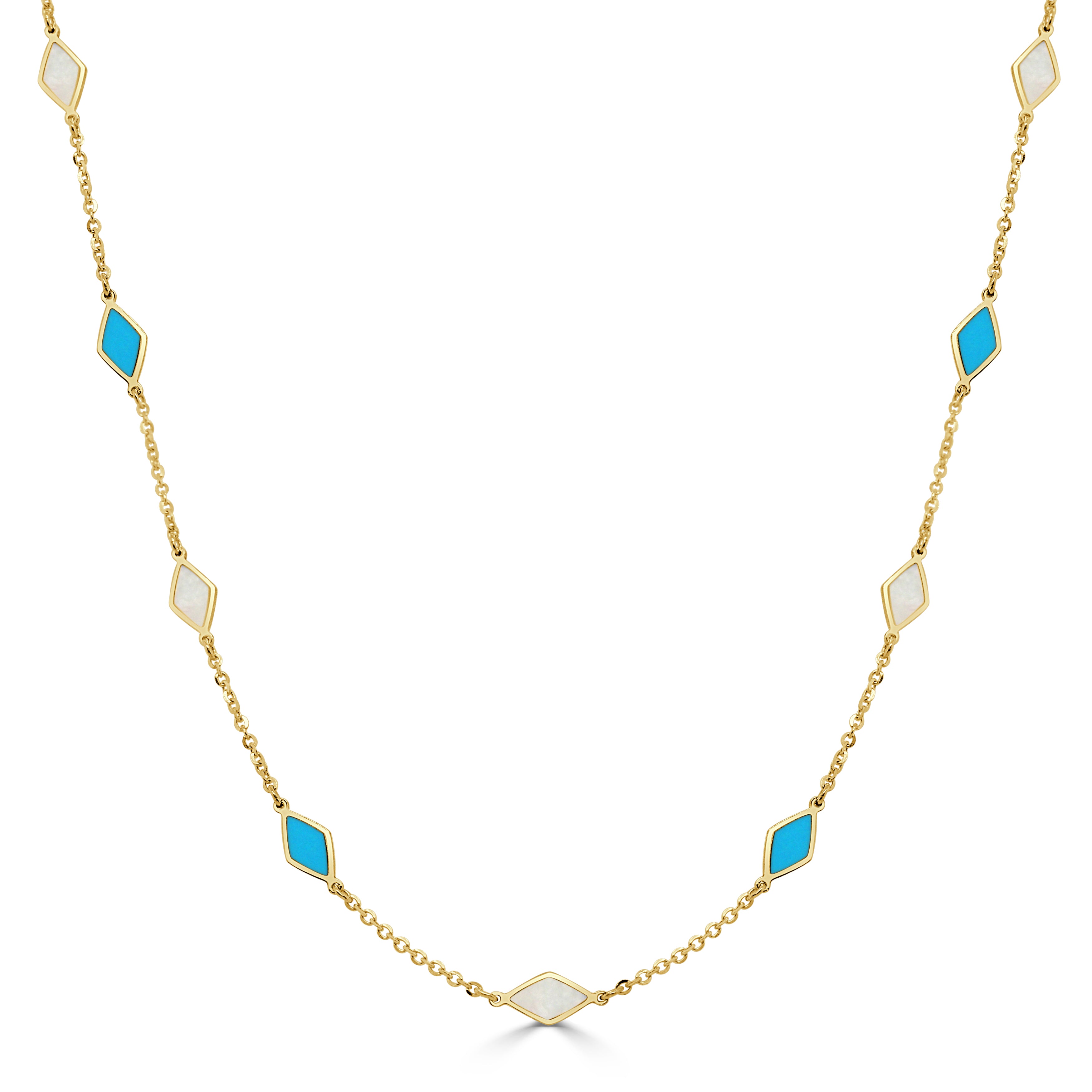 14K Gold 9 Station Mother of Pearl & Turquoise Necklace