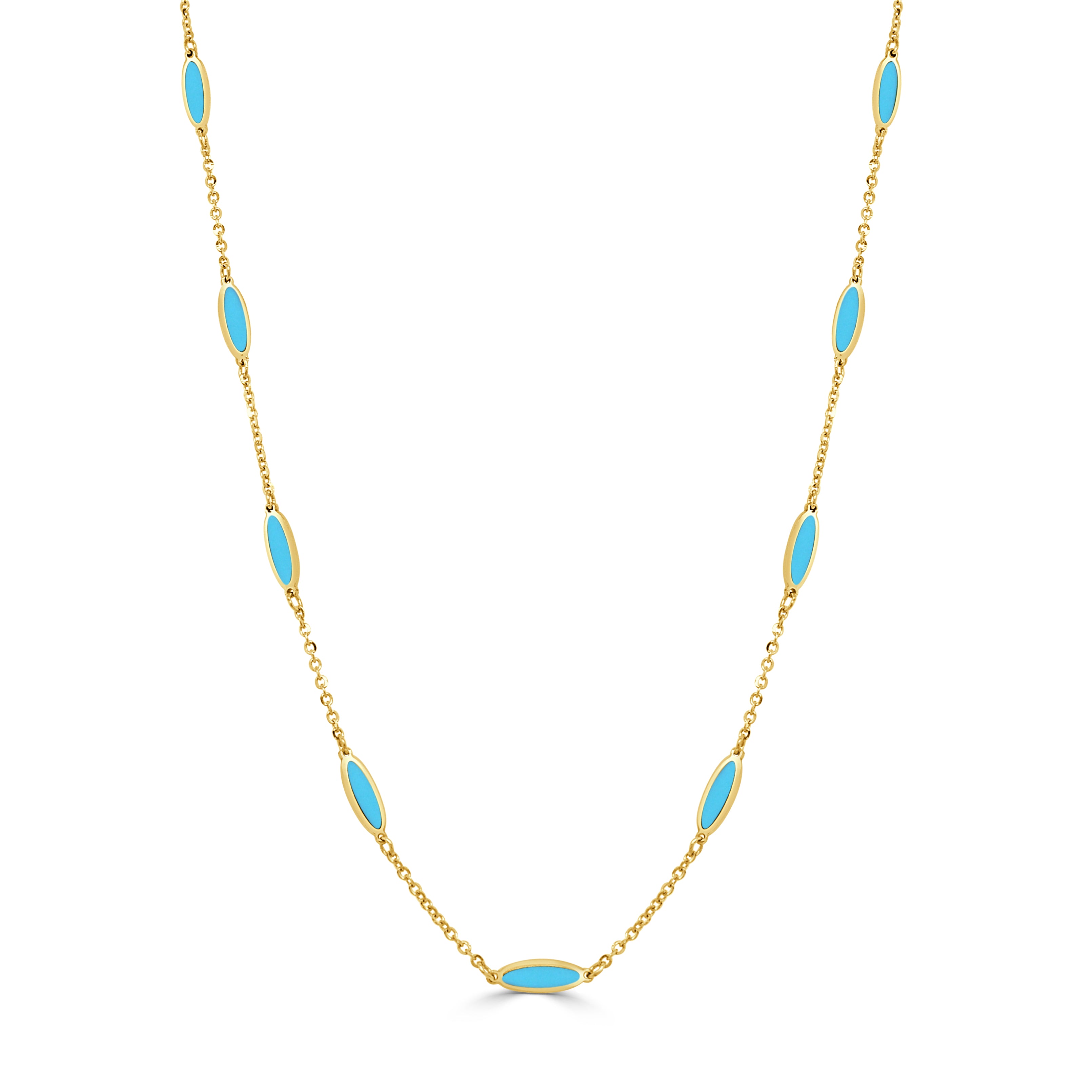 14K Gold Oval Link Inlay Bar Necklace in Turquoise