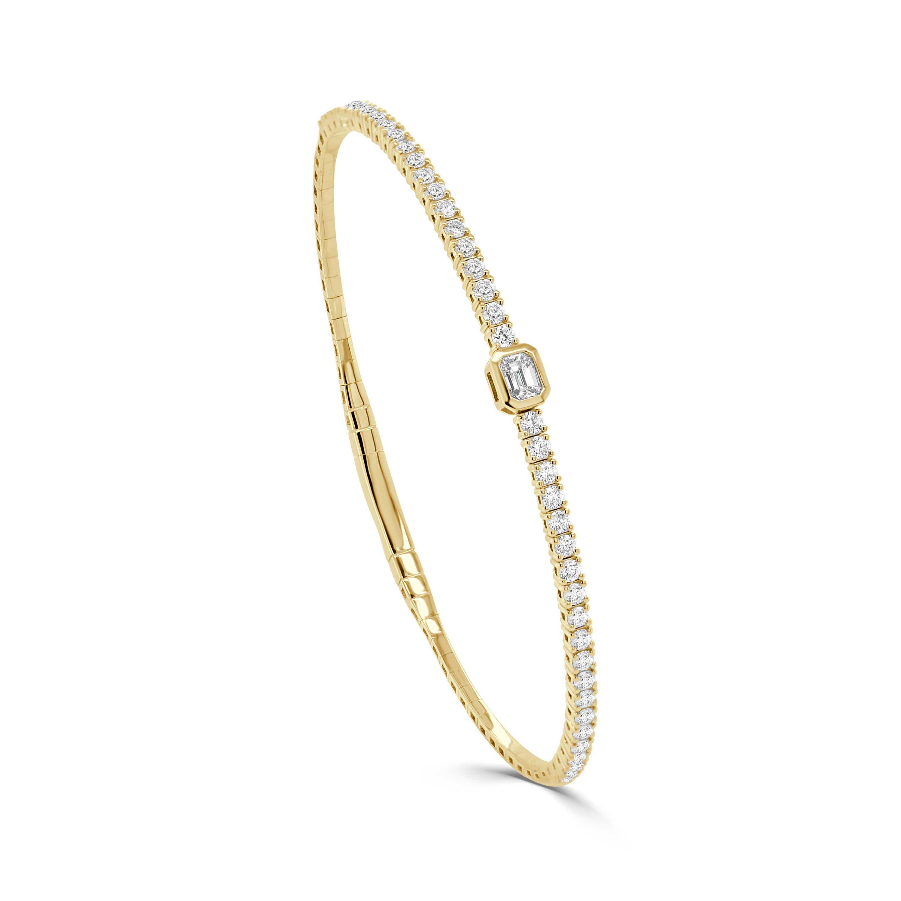 14K Gold & Emerald Cut Diamond Flexible Bangle - 1.22 CT.