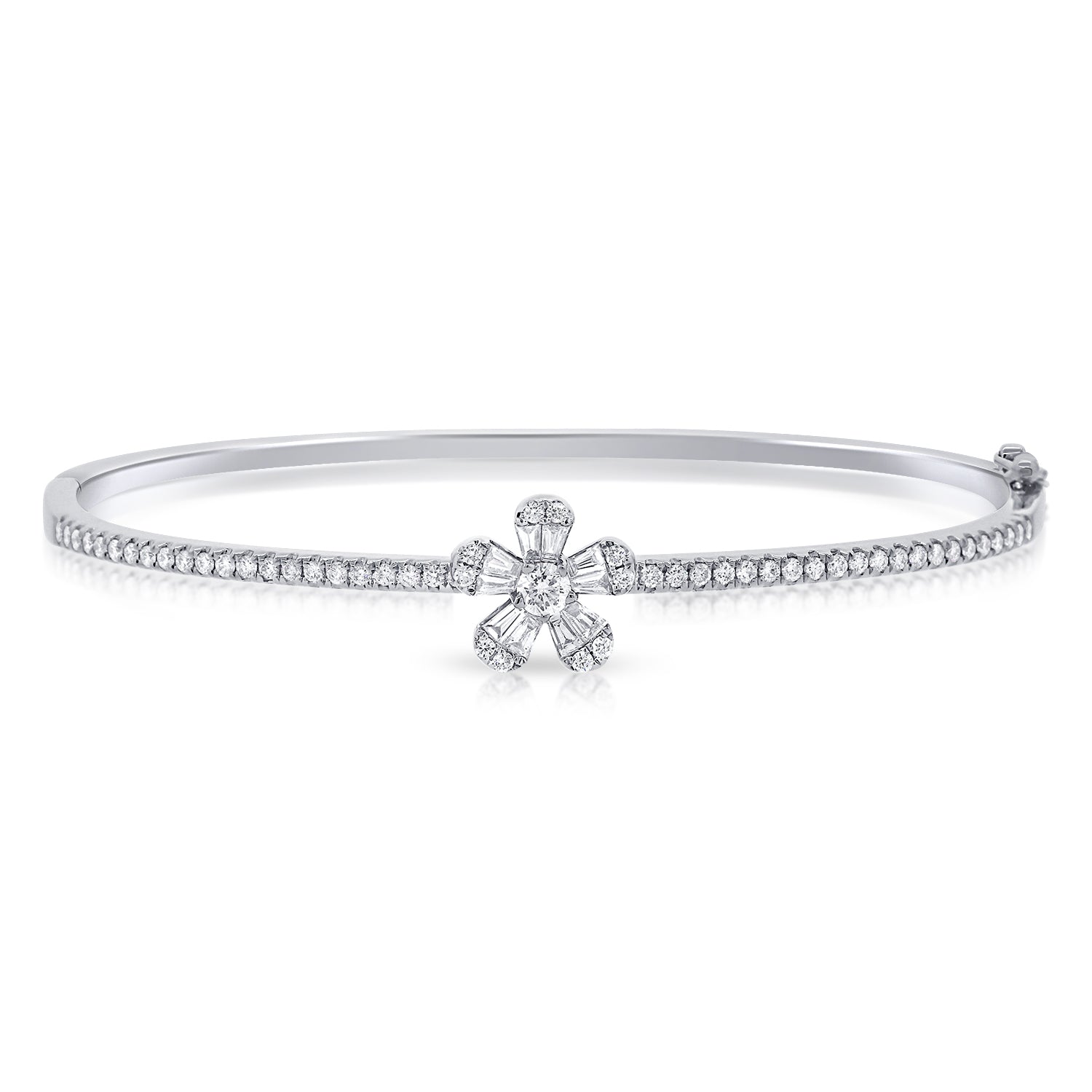 14K Gold Baguette Diamond Flower Bangle