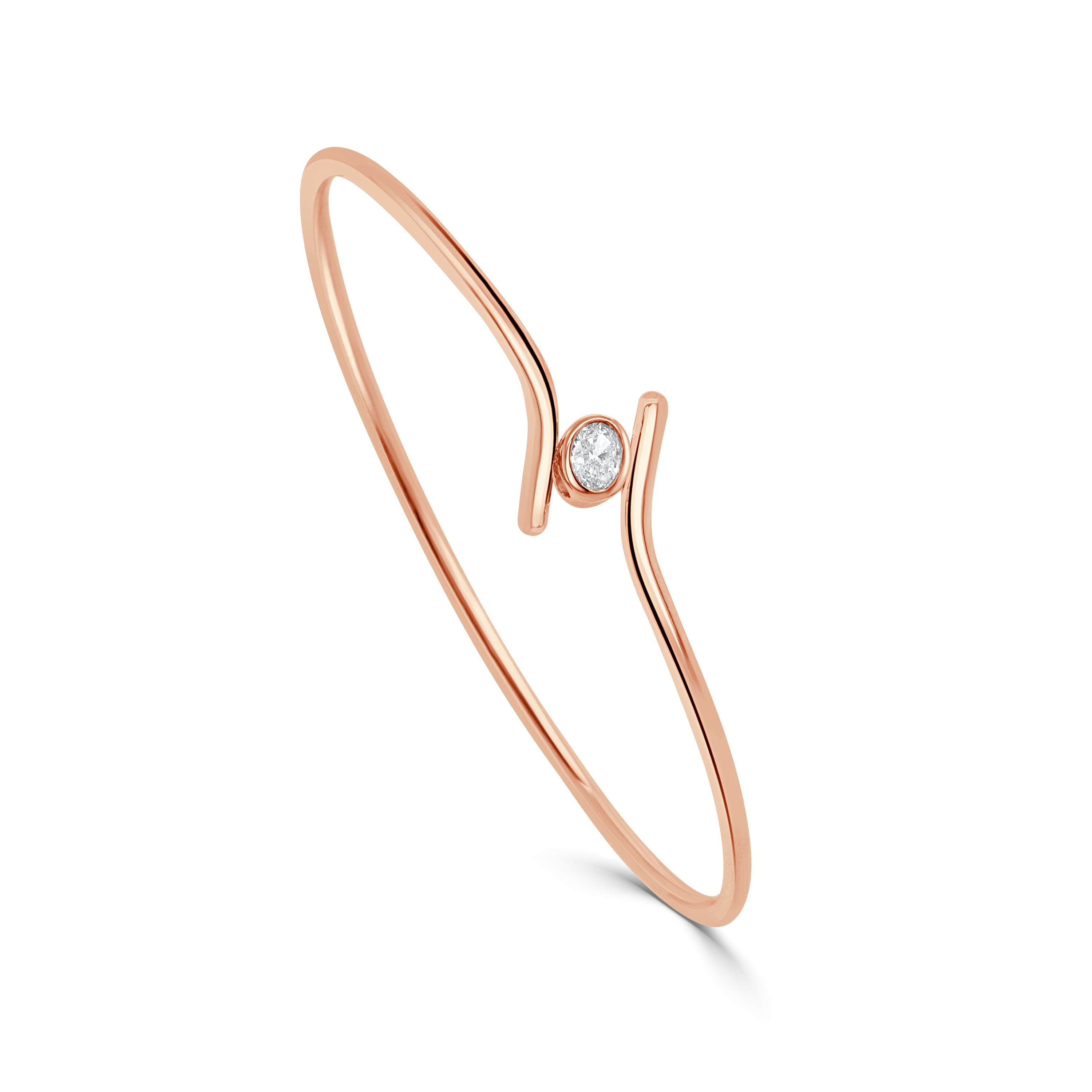 14K Gold Oval Diamond Flexible Bypass Bangle - 0.25 CT
