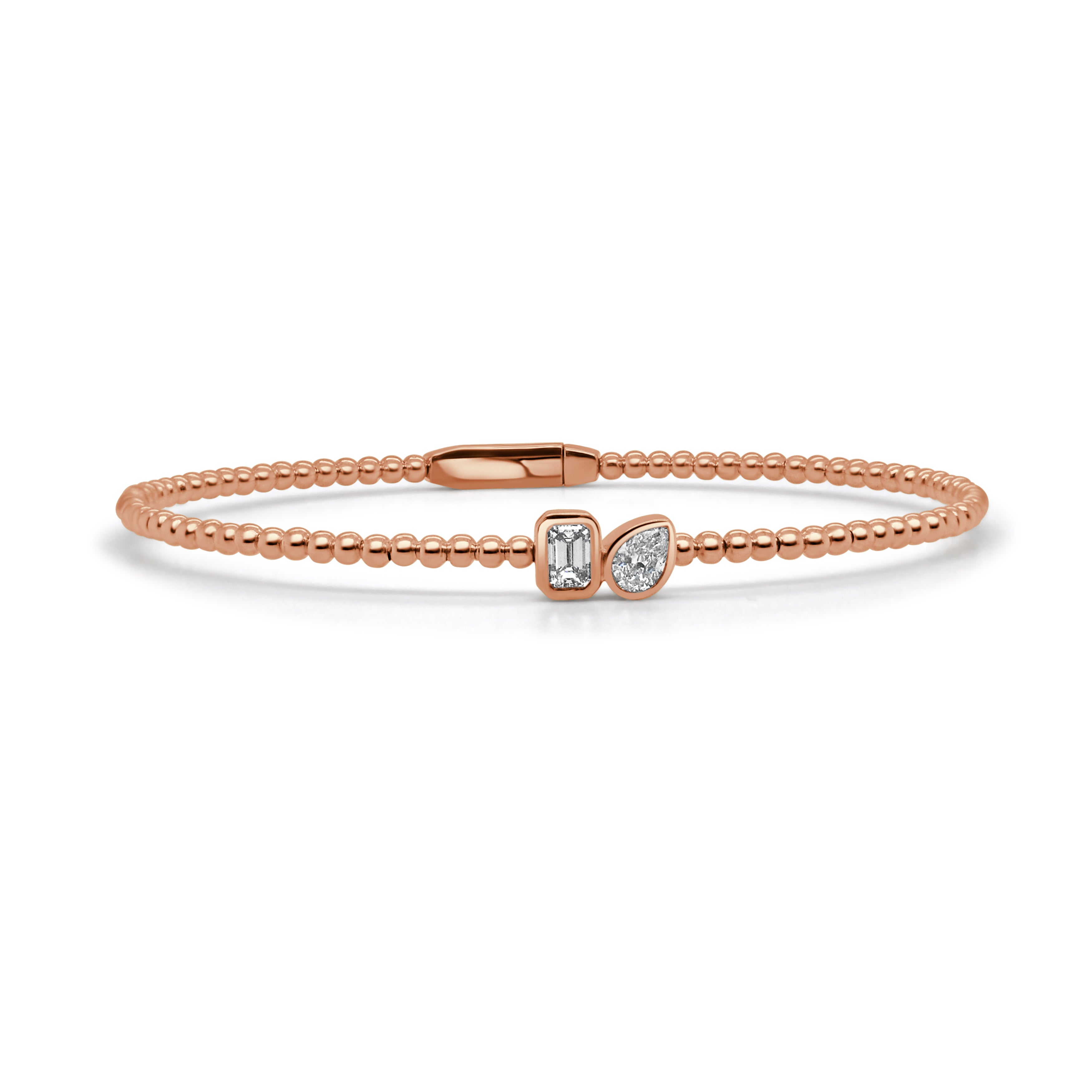 14K Gold Diamond Pear & Emerald Cut Bead Bangle - 0.17 CT