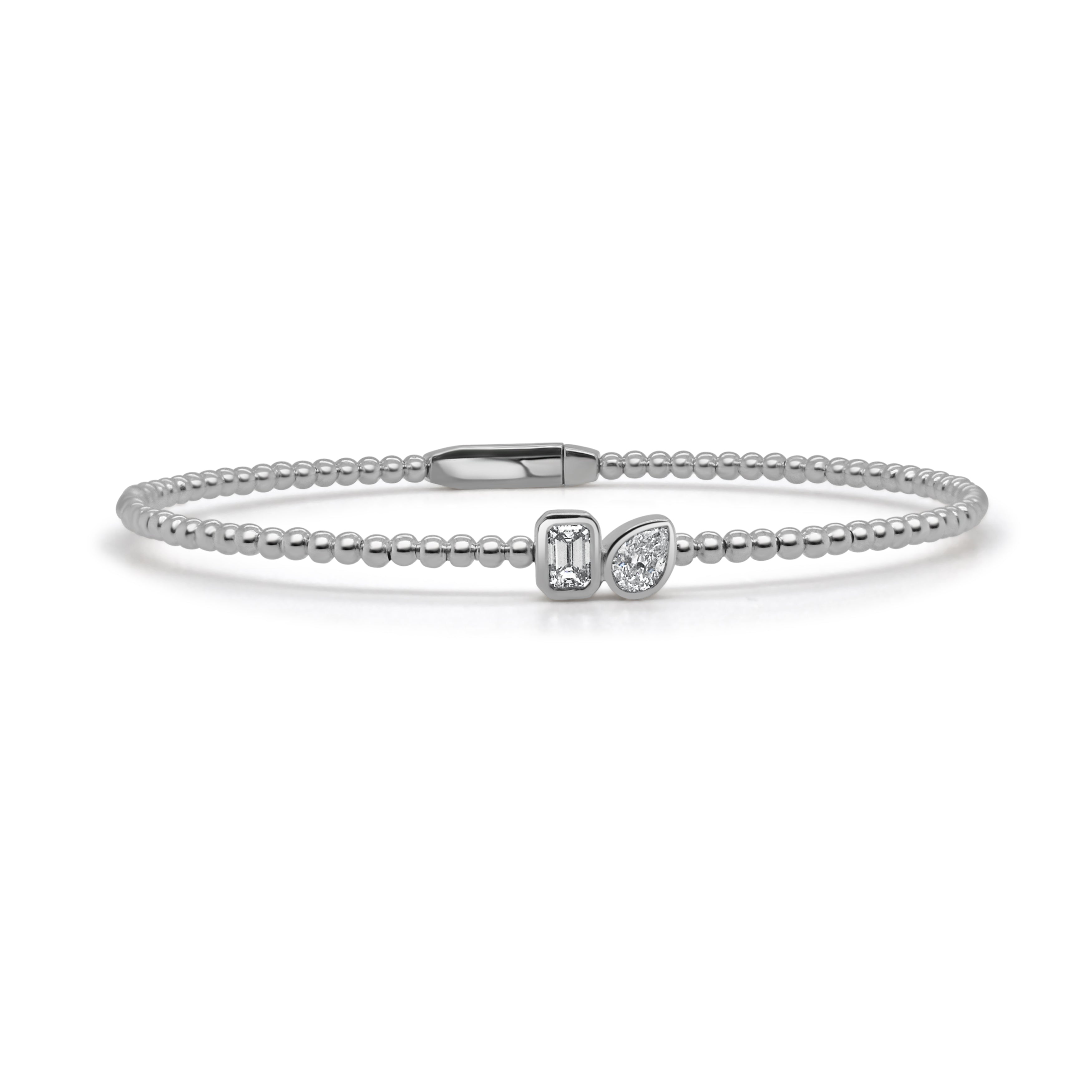 14K Gold Diamond Pear & Emerald Cut Bead Bangle - 0.17 CT