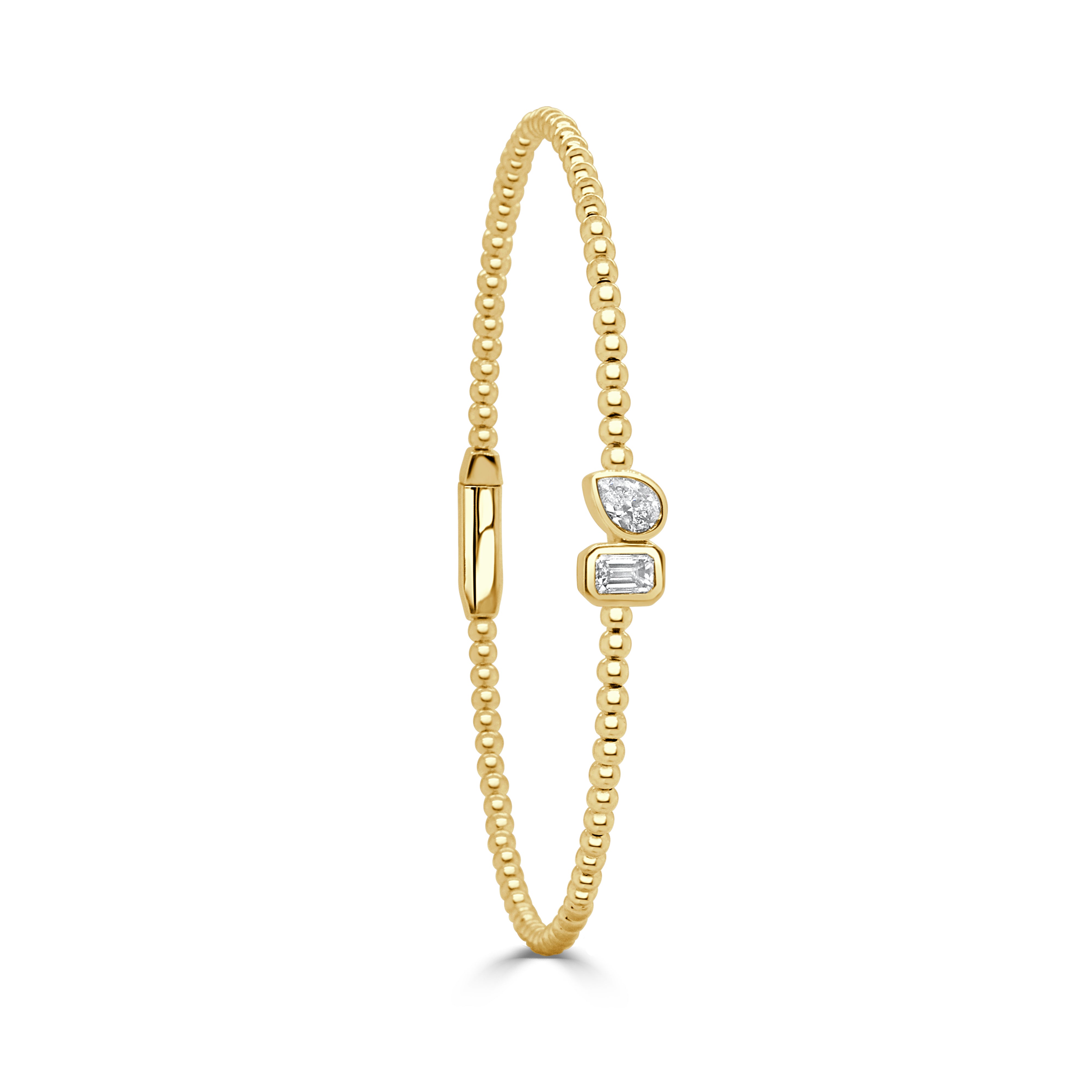 14K Gold Diamond Pear & Emerald Cut Bead Bangle - 0.17 CT