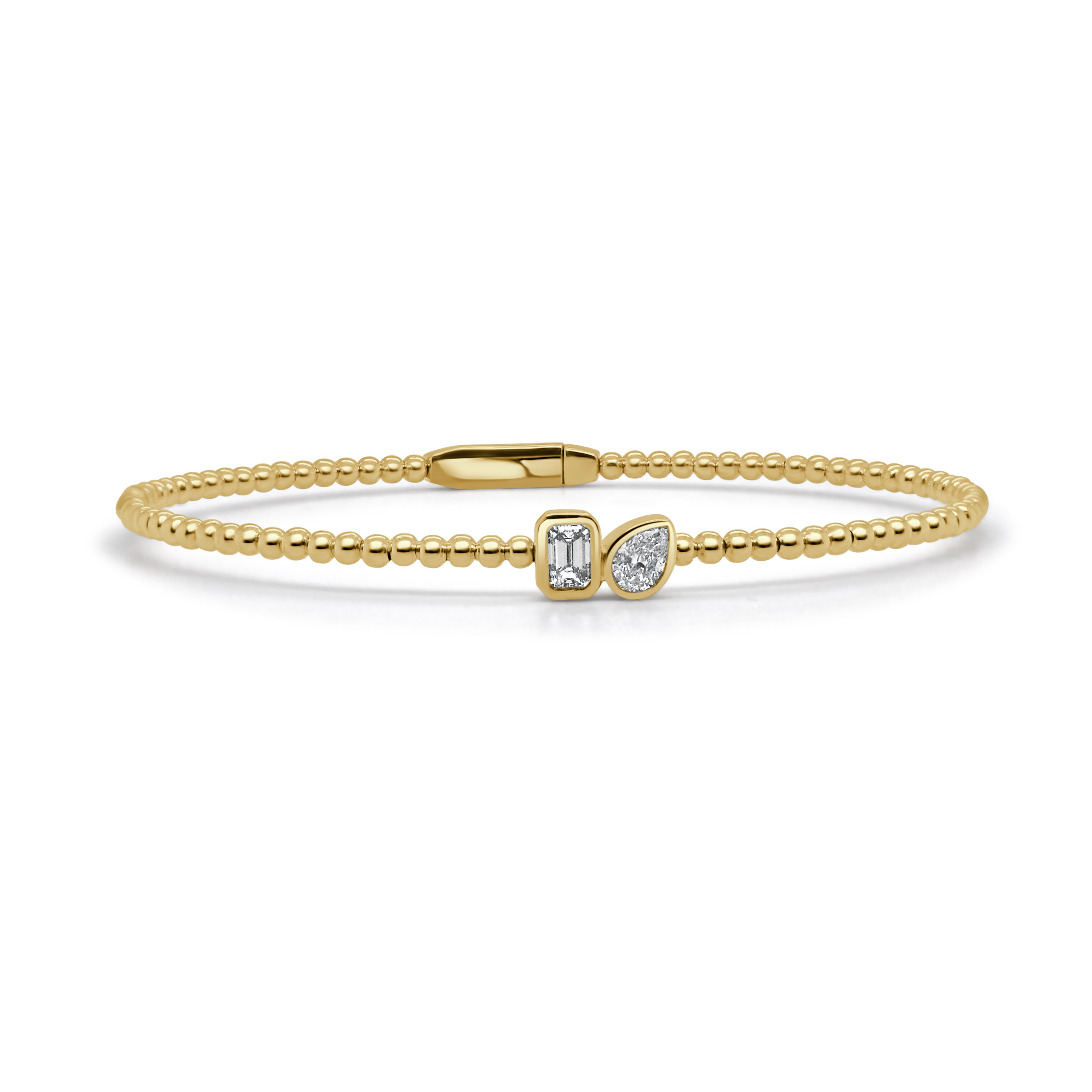 14K Gold Diamond Pear & Emerald Cut Bead Bangle - 0.17 CT
