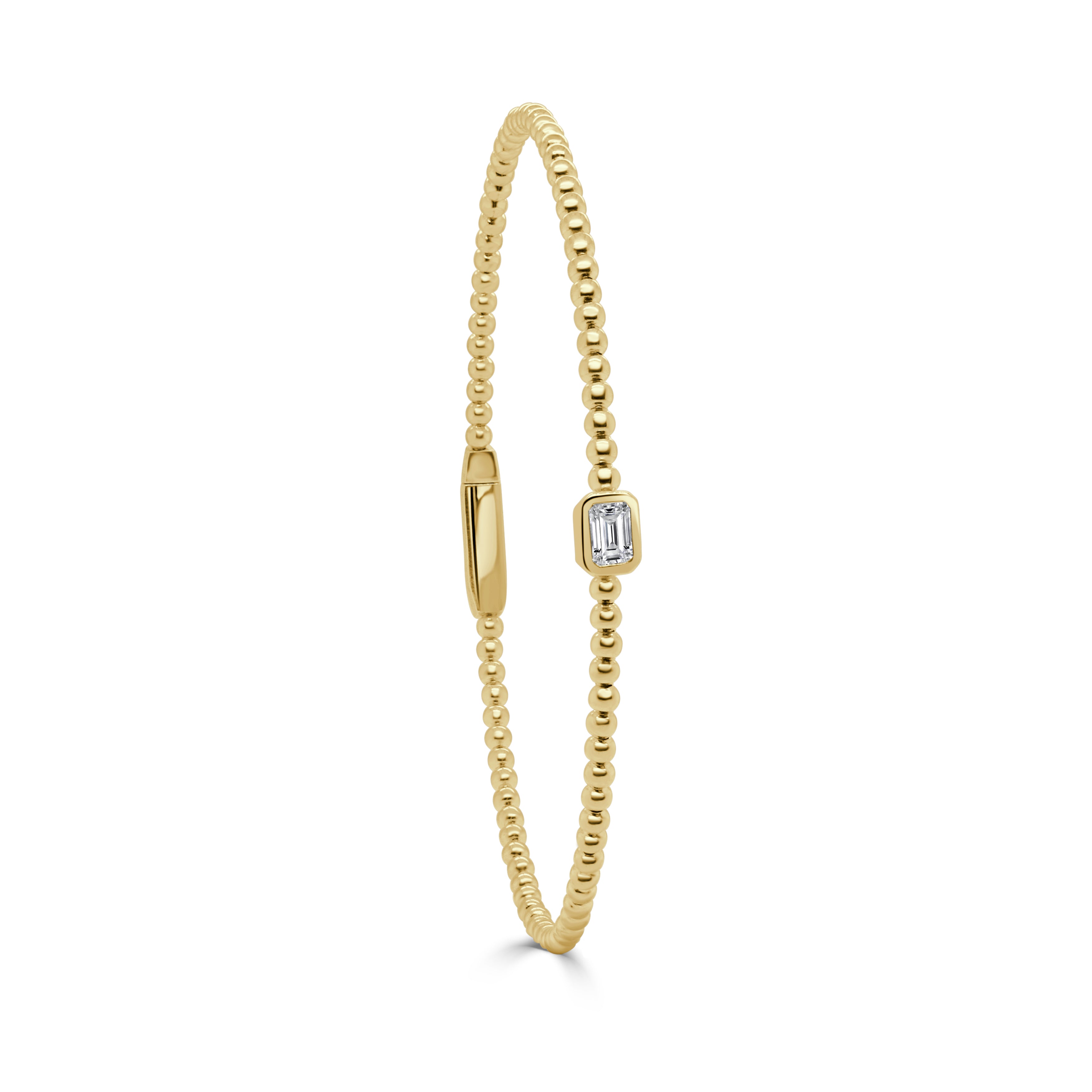 14K Gold Emerald Cut Diamond Bead Bangle