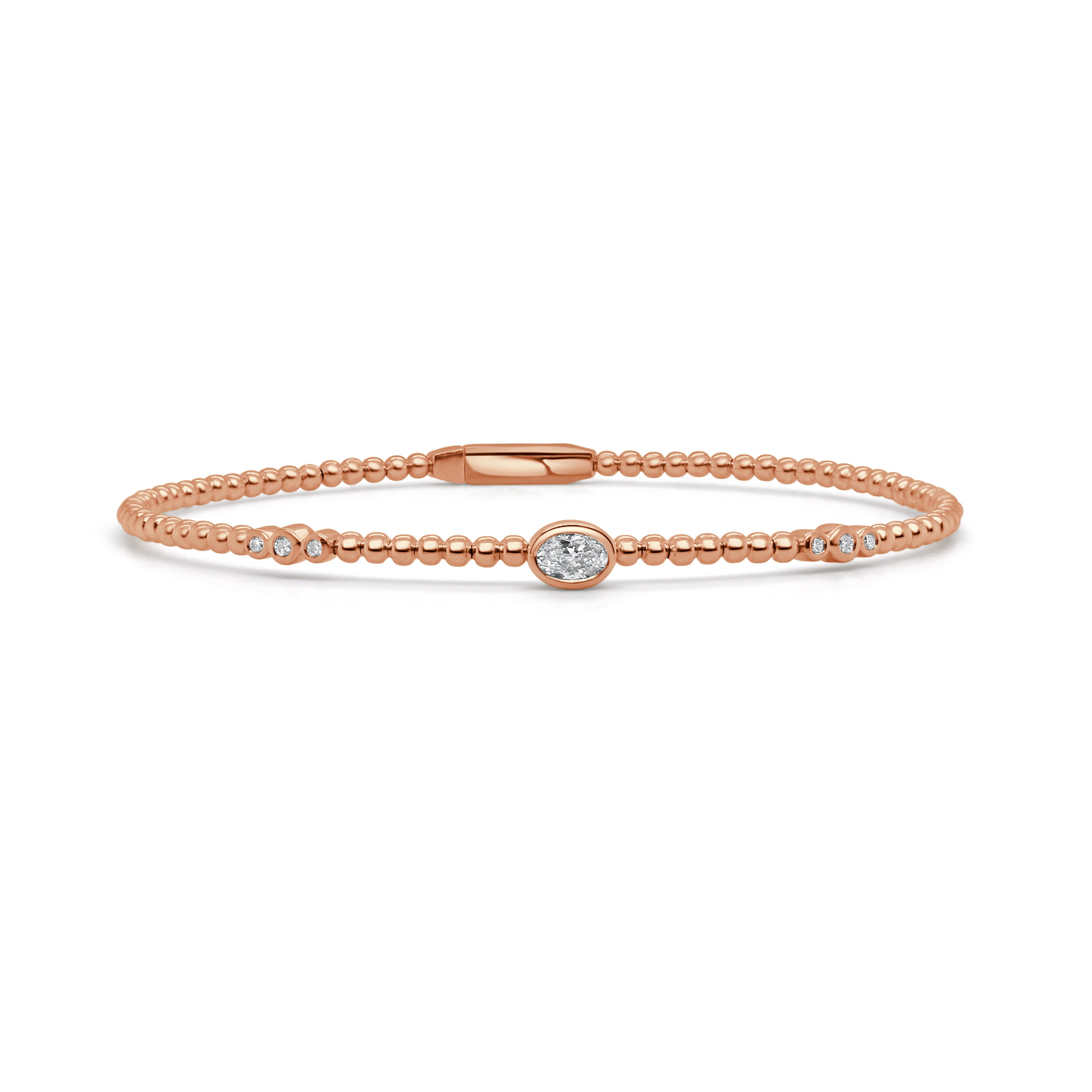 14K Gold Oval Cut & Round Diamond Bead Bangle