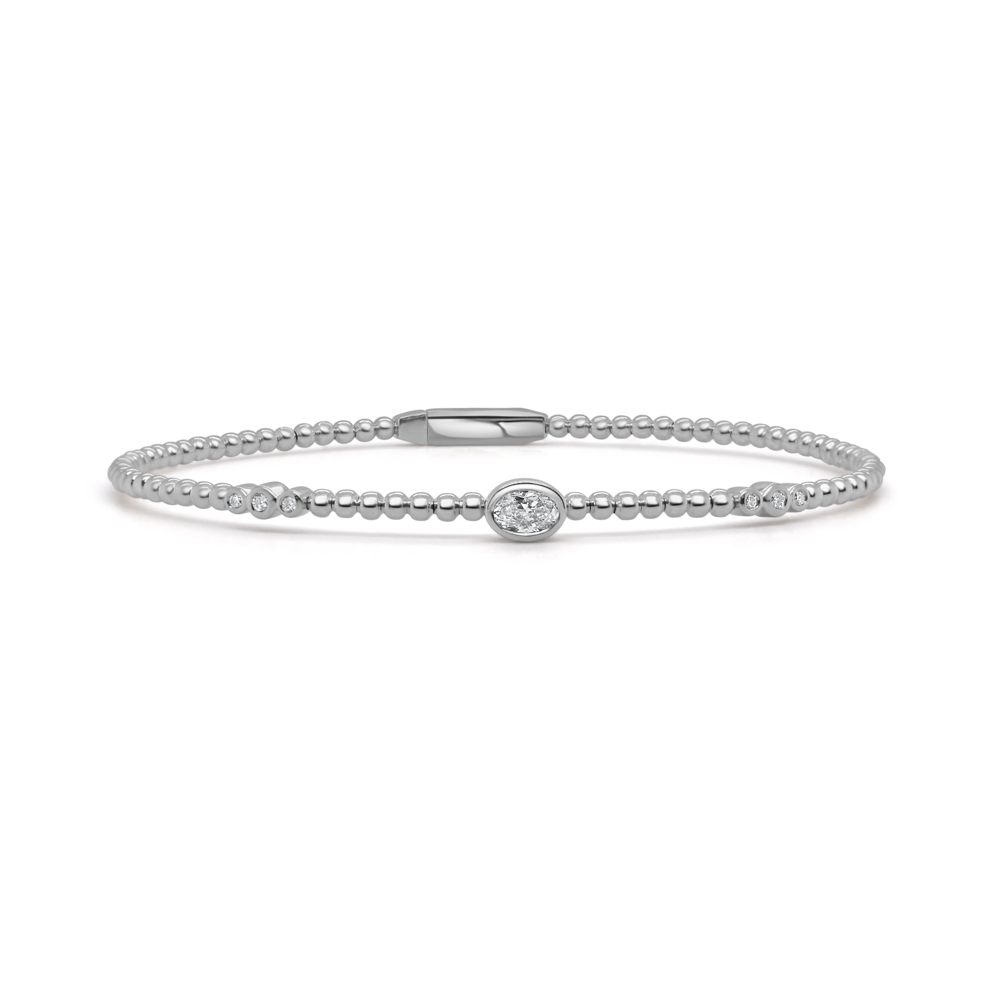 14K Gold Oval Cut & Round Diamond Bead Bangle