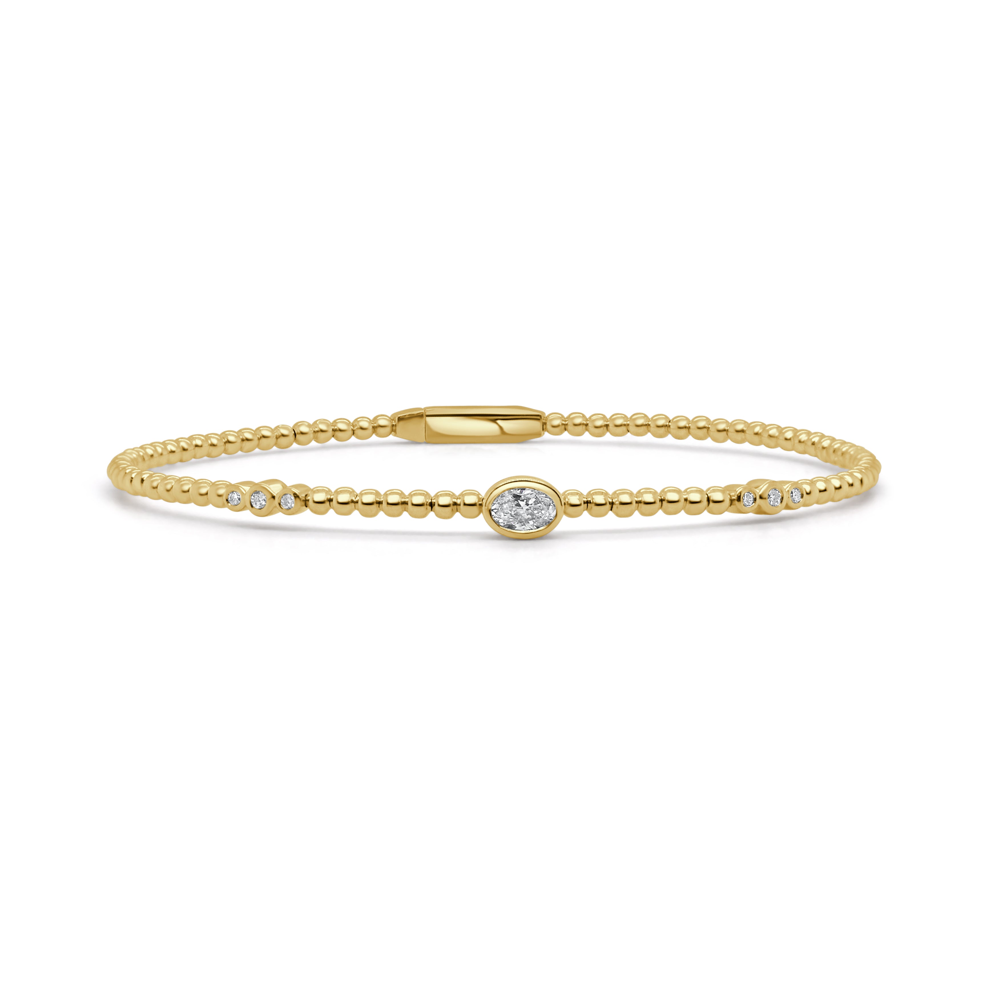 14K Gold Oval Cut & Round Diamond Bead Bangle