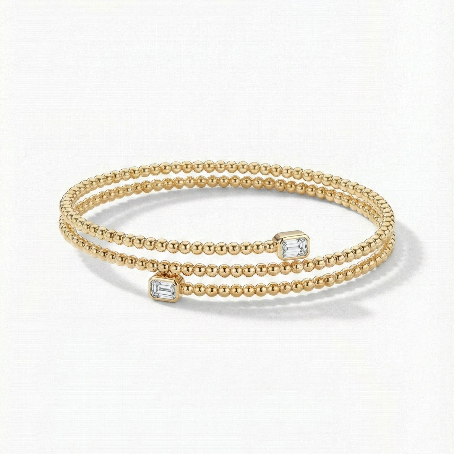 14K Gold Emerald Cut Diamond Wrap around Bead Bangle- 0.38 CT
