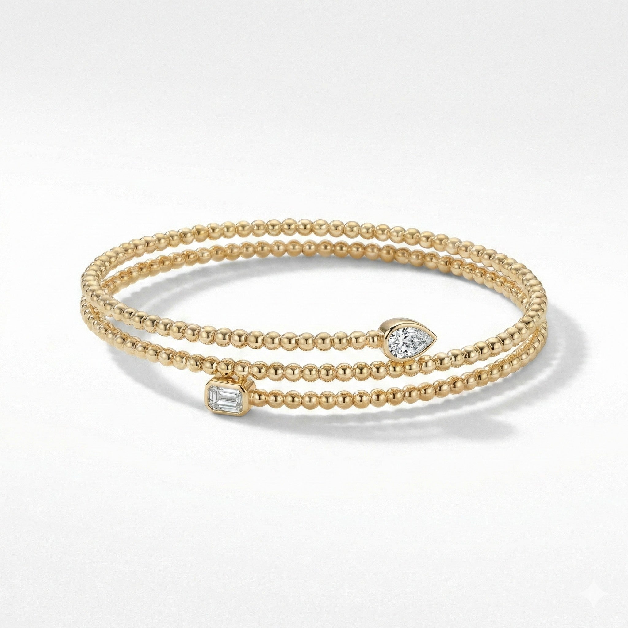 14K Gold Emerald Cut & Pear Shape Diamond Wrap Around Bead Bangle