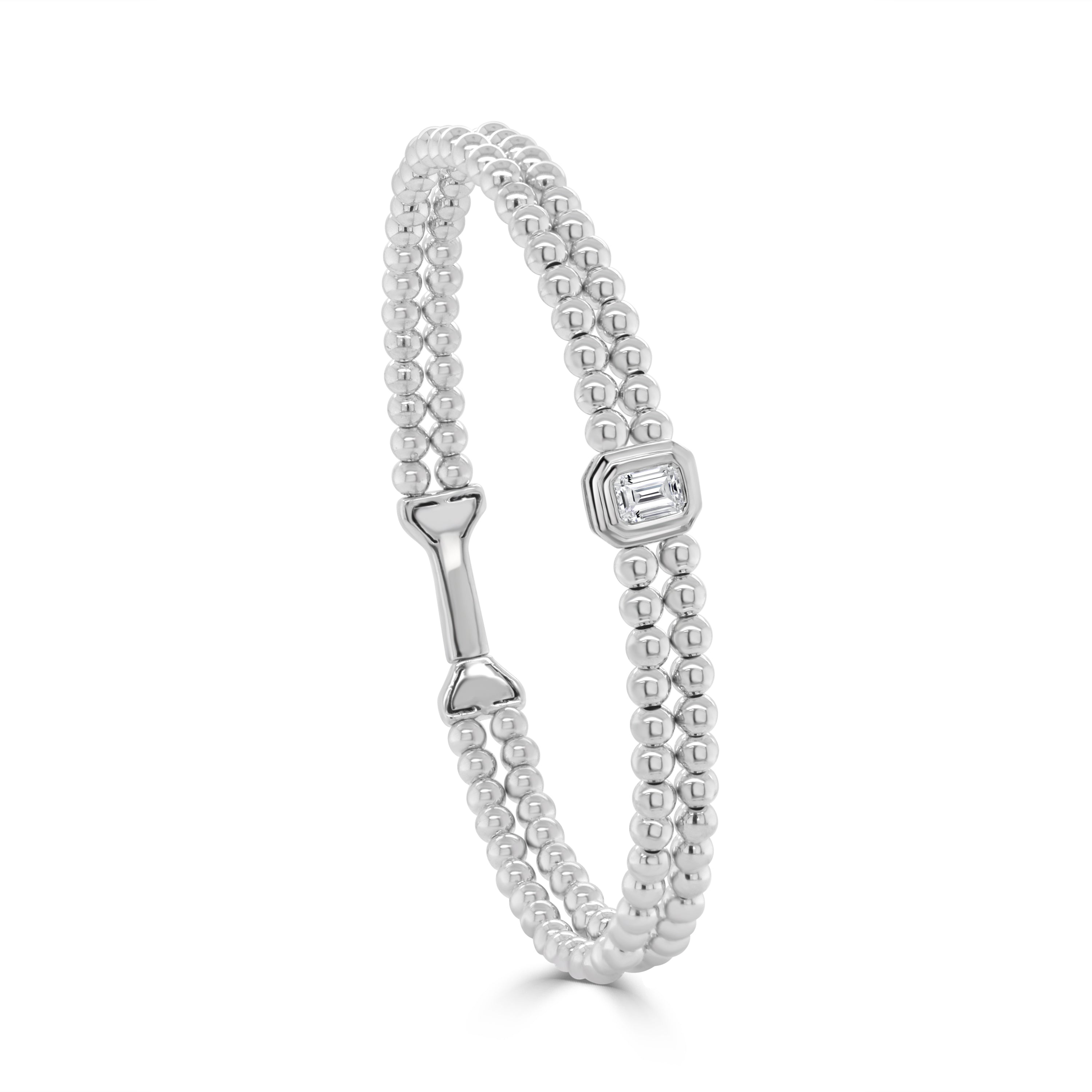 14K Gold Emerald Cut Diamond Double Row Beaded Flexible Bangle - 0.30 CT