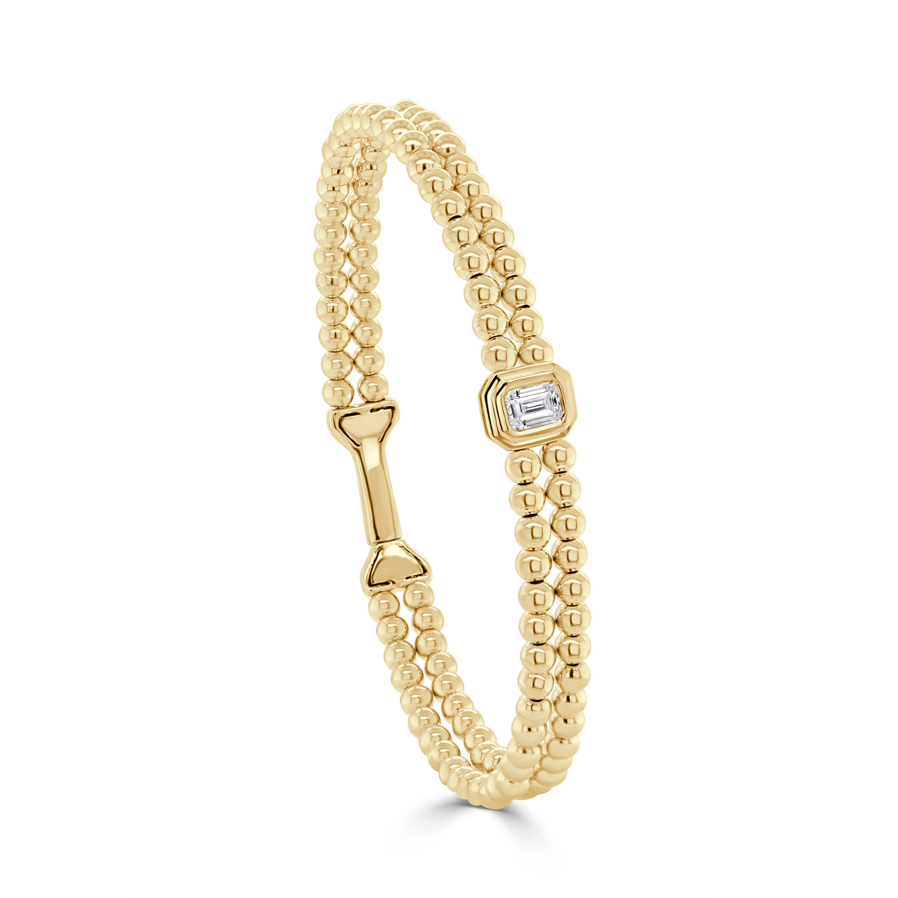 14K Gold Emerald Cut Diamond Double Row Beaded Flexible Bangle - 0.30 CT