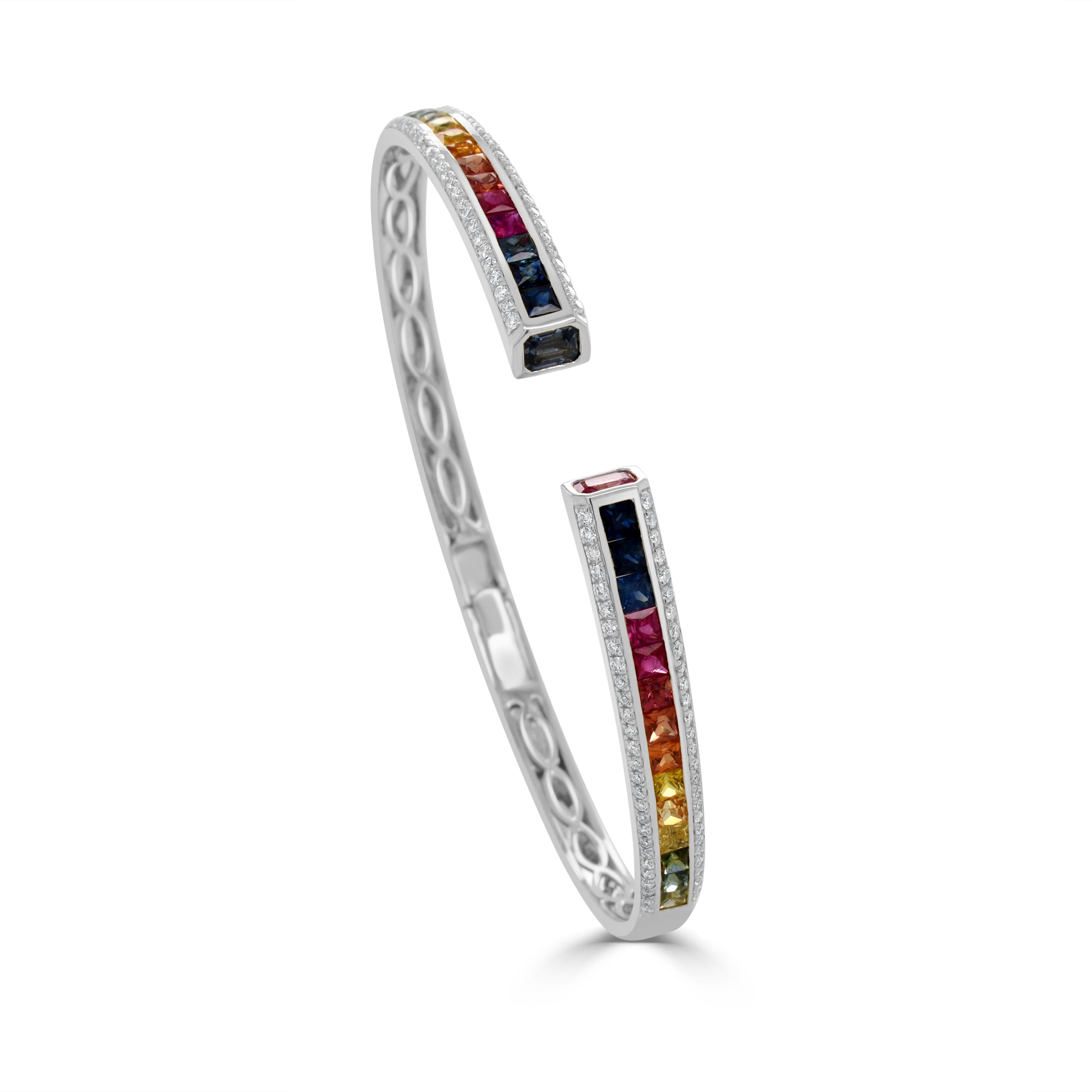 14K Gold Rainbow Diamond & Sapphire Tennis Bangle- 3.18 CT