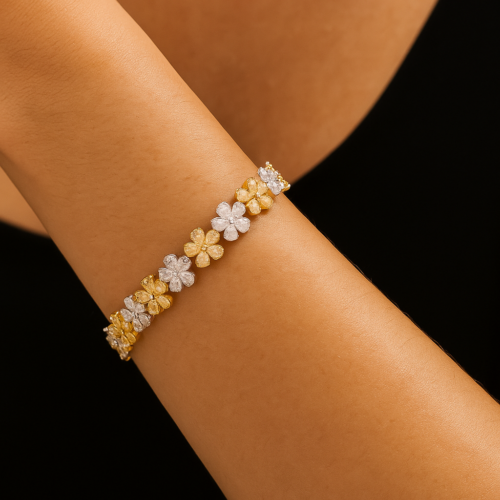 18K Gold Pear Diamond & Yellow Diamond Flower Bracelet