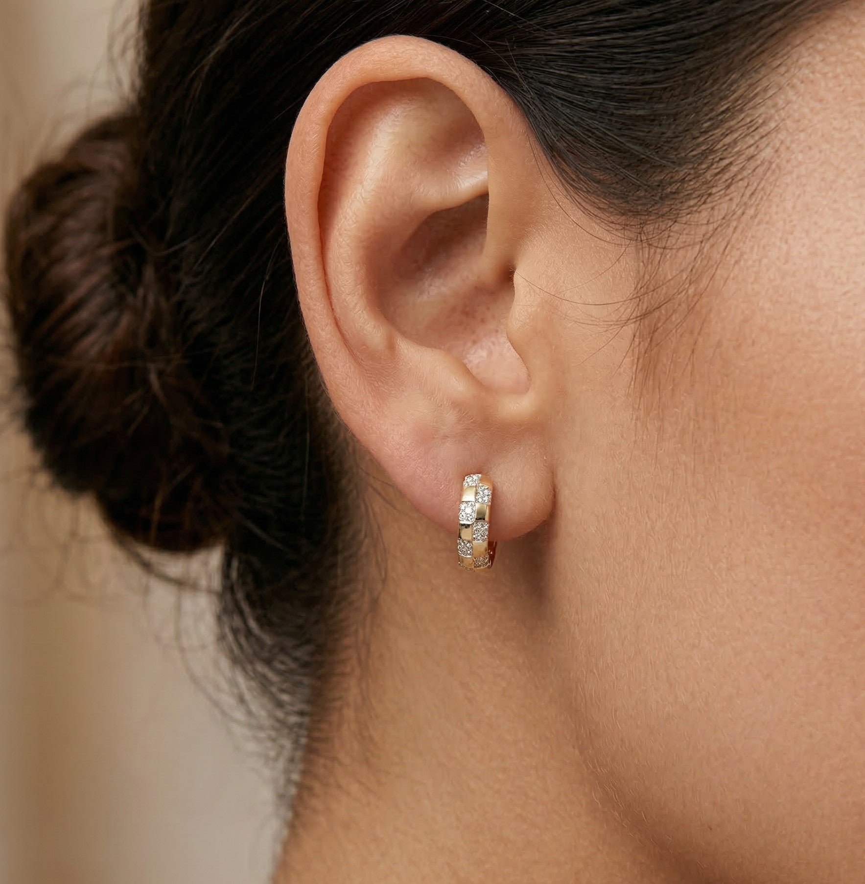 14K Gold Checkered Diamond Huggies- 0.17 CT