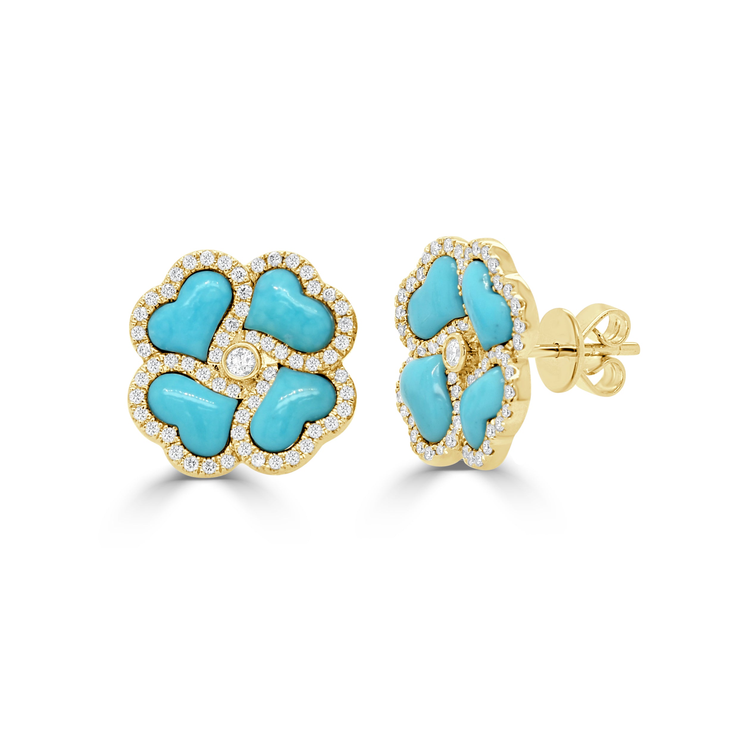 14K Gold Diamond & Turquoise Flower Earring - 0.48 CT