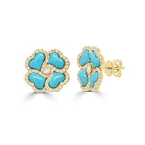 14K Gold Diamond & Turquoise Flower Earring - 0.48 CT